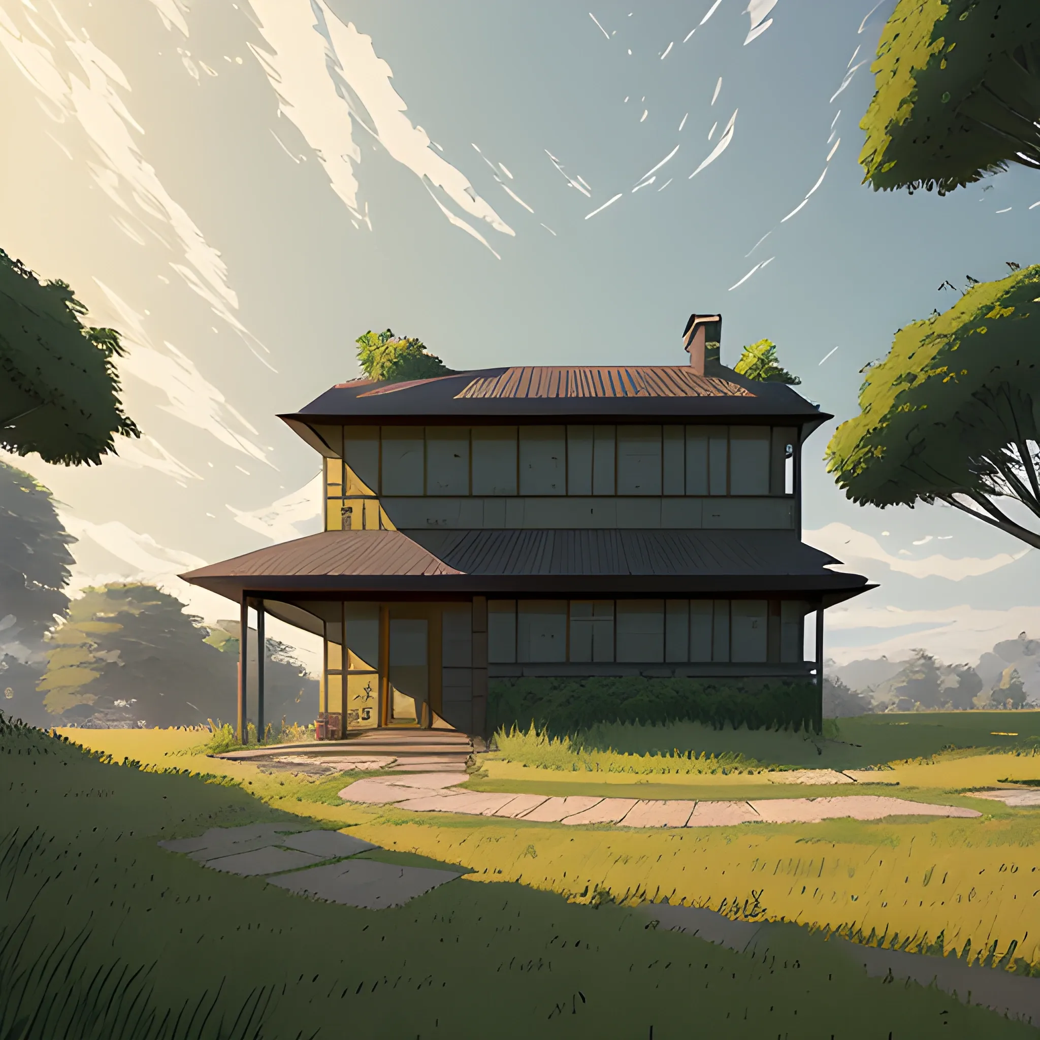 facade of a house with grasses, trees, scrap metal... in the style of makoto shinkai and greg rutkowski and albert bierstadt and james gurney, Cartoon