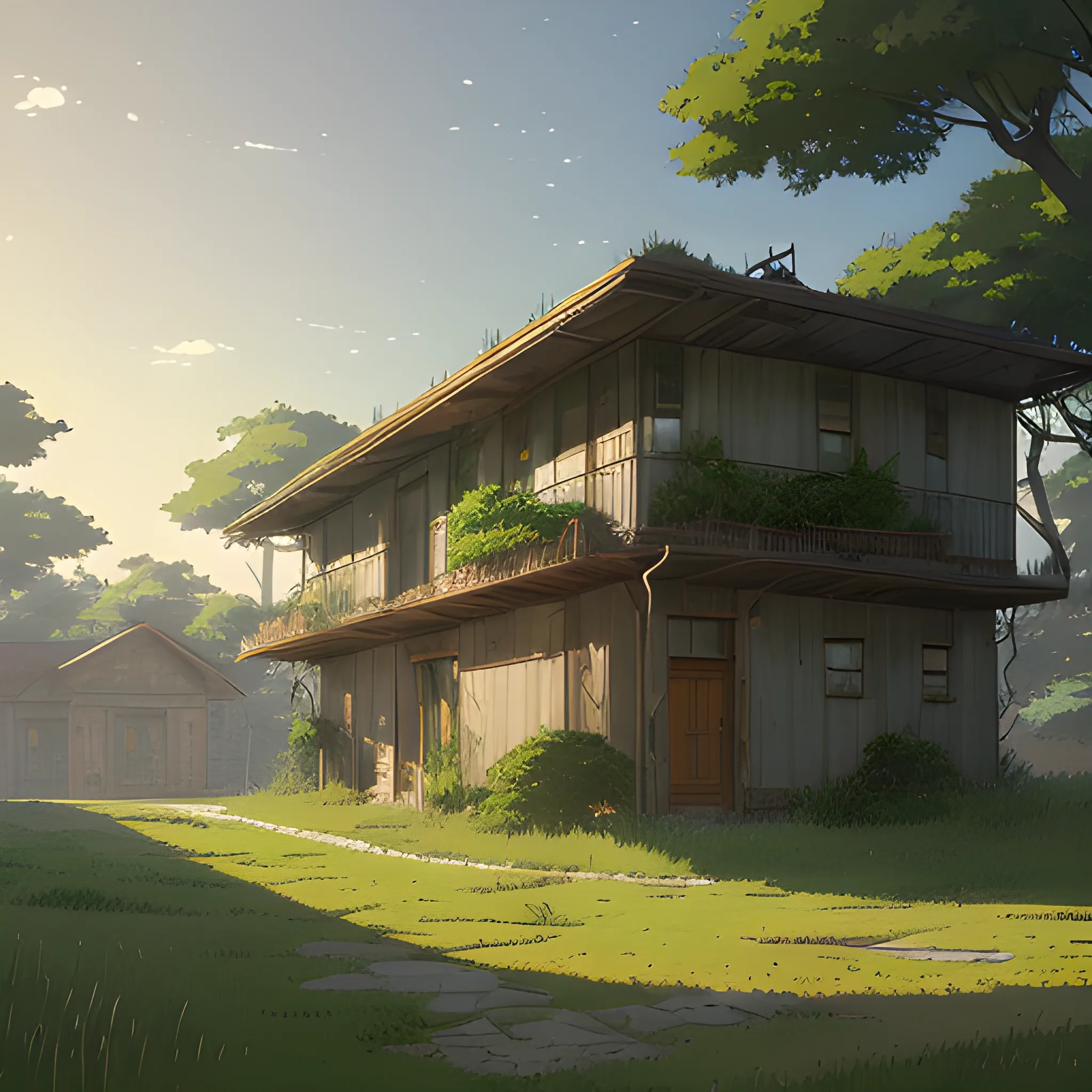 facade of a house with grasses, trees, scrap metal... in the style of makoto shinkai and greg rutkowski and albert bierstadt and james gurney, Cartoon