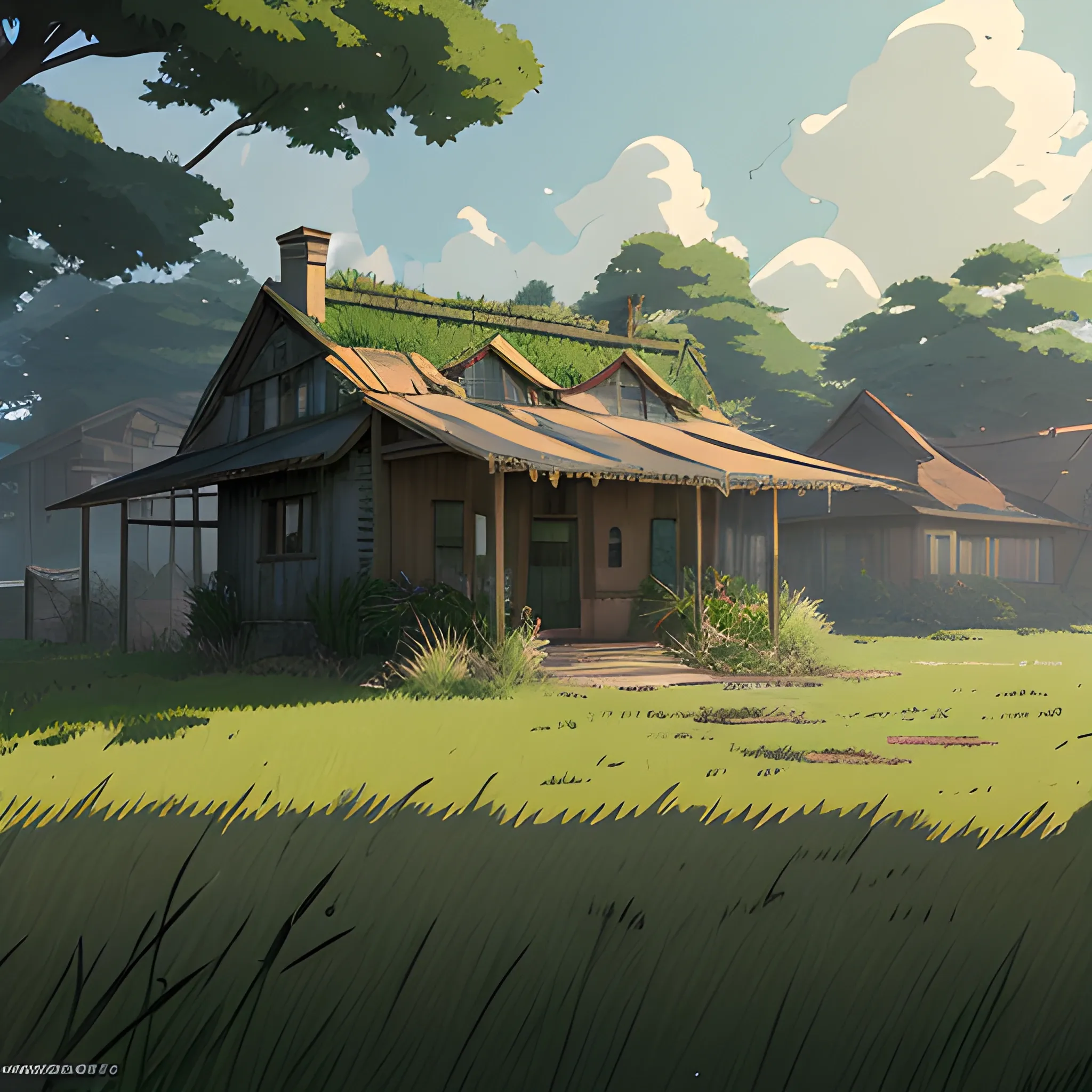 facade of a house with grasses, trees, scrap metal... in the style of makoto shinkai and greg rutkowski and albert bierstadt and james gurney, Cartoon