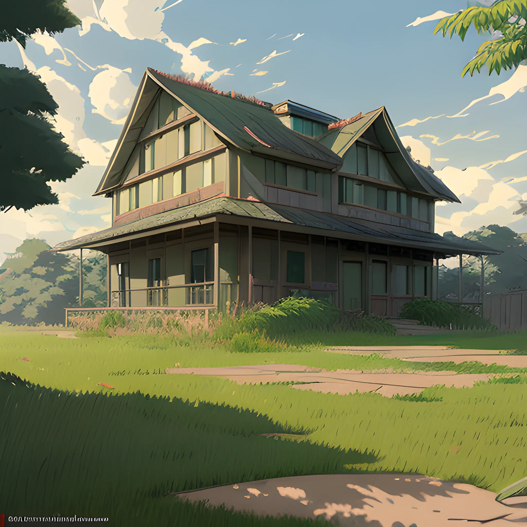 facade of a house with grasses, trees, scrap metal... in the style of makoto shinkai and greg rutkowski and albert bierstadt and james gurney, Cartoon