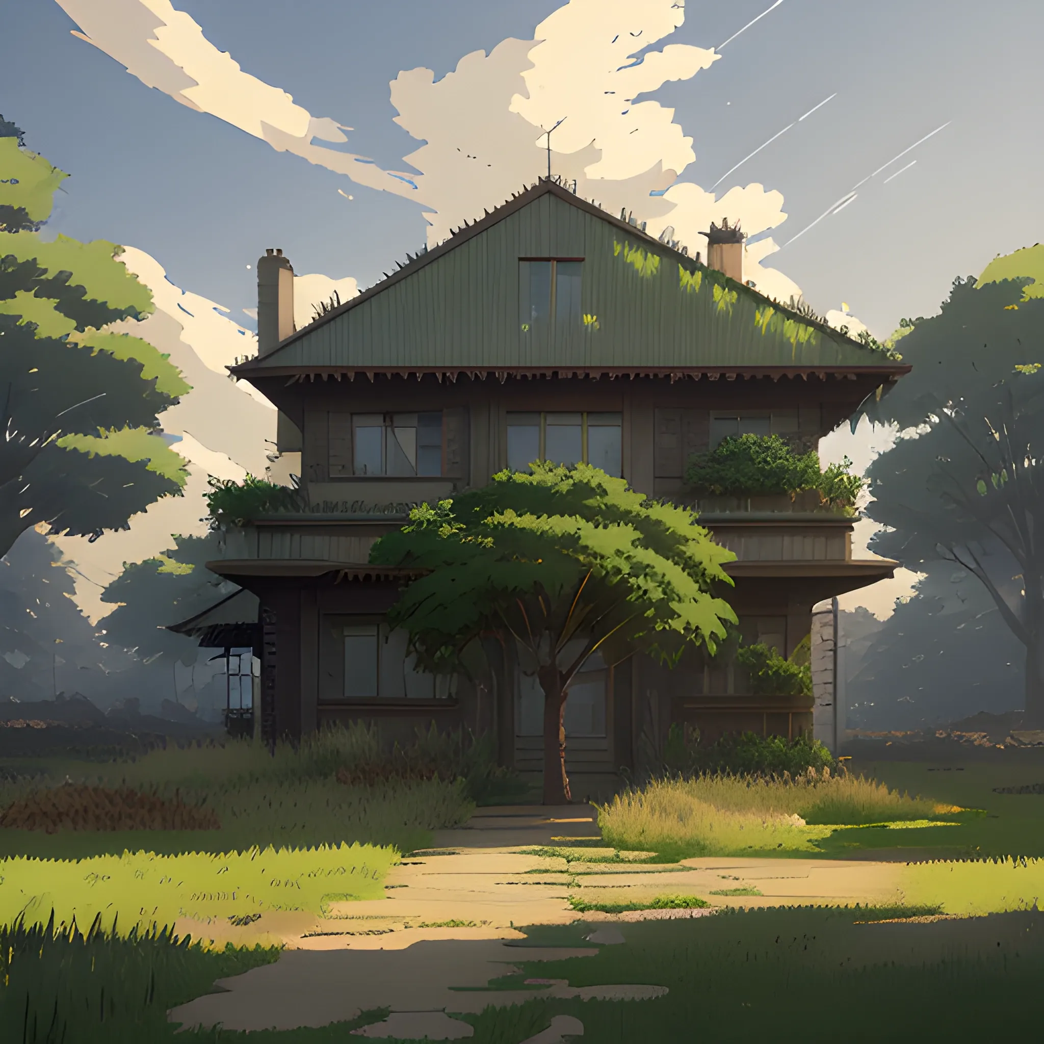 facade of a house with grasses, trees, scrap metal... in the style of makoto shinkai and greg rutkowski and albert bierstadt and james gurney, Cartoon