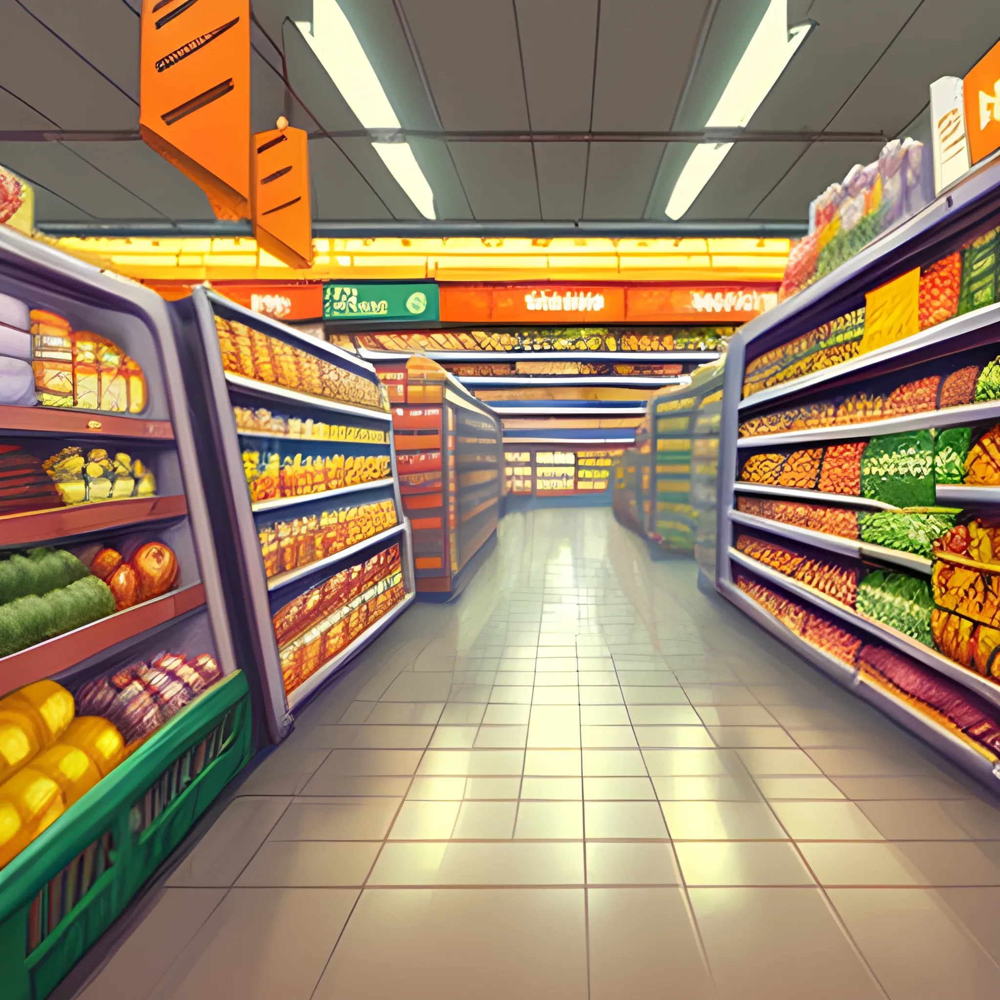 supermarket interior with items... in the style of makoto shinkai and greg rutkowski and albert bierstadt and james gurney, Cartoon