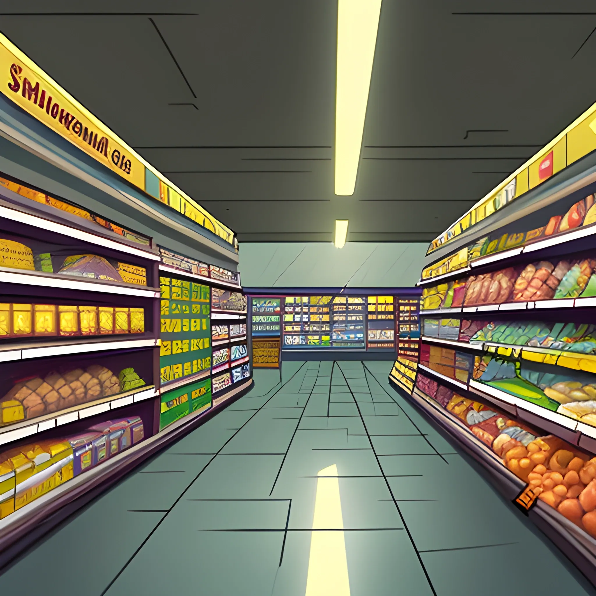 supermarket interior with items... in the style of makoto shinkai and greg rutkowski and albert bierstadt and james gurney, Cartoon