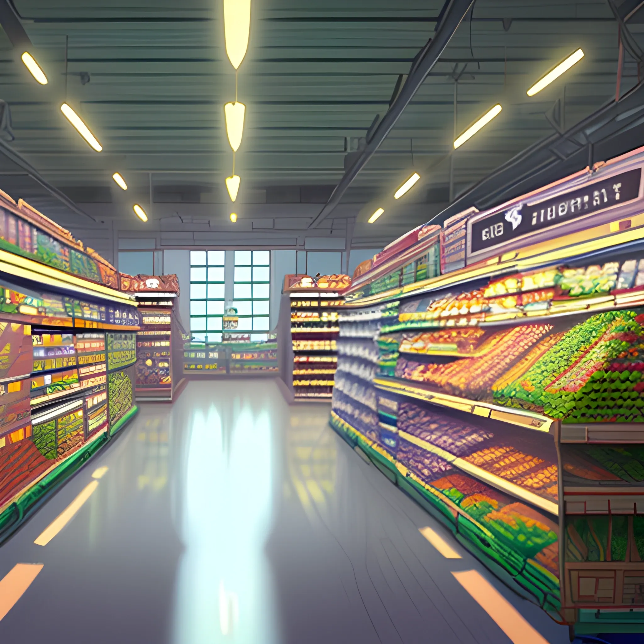 supermarket interior with items... in the style of makoto shinkai and greg rutkowski and albert bierstadt and james gurney, Cartoon