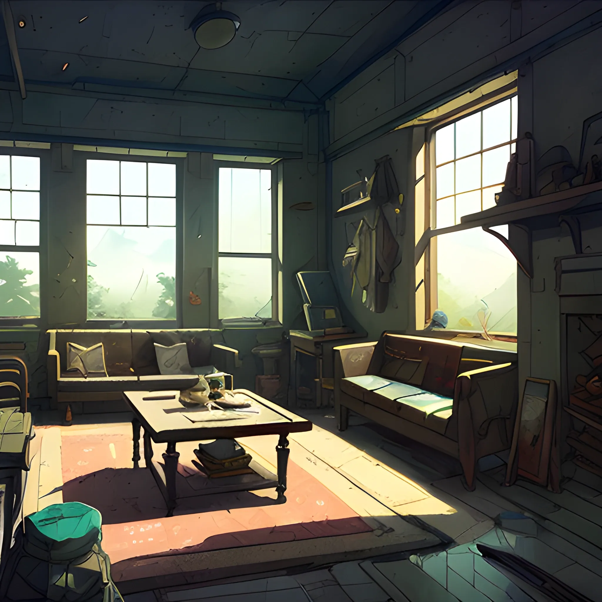 ready-to-wear interior with items... in the style of makoto shinkai and greg rutkowski and albert bierstadt and james gurney, Cartoon