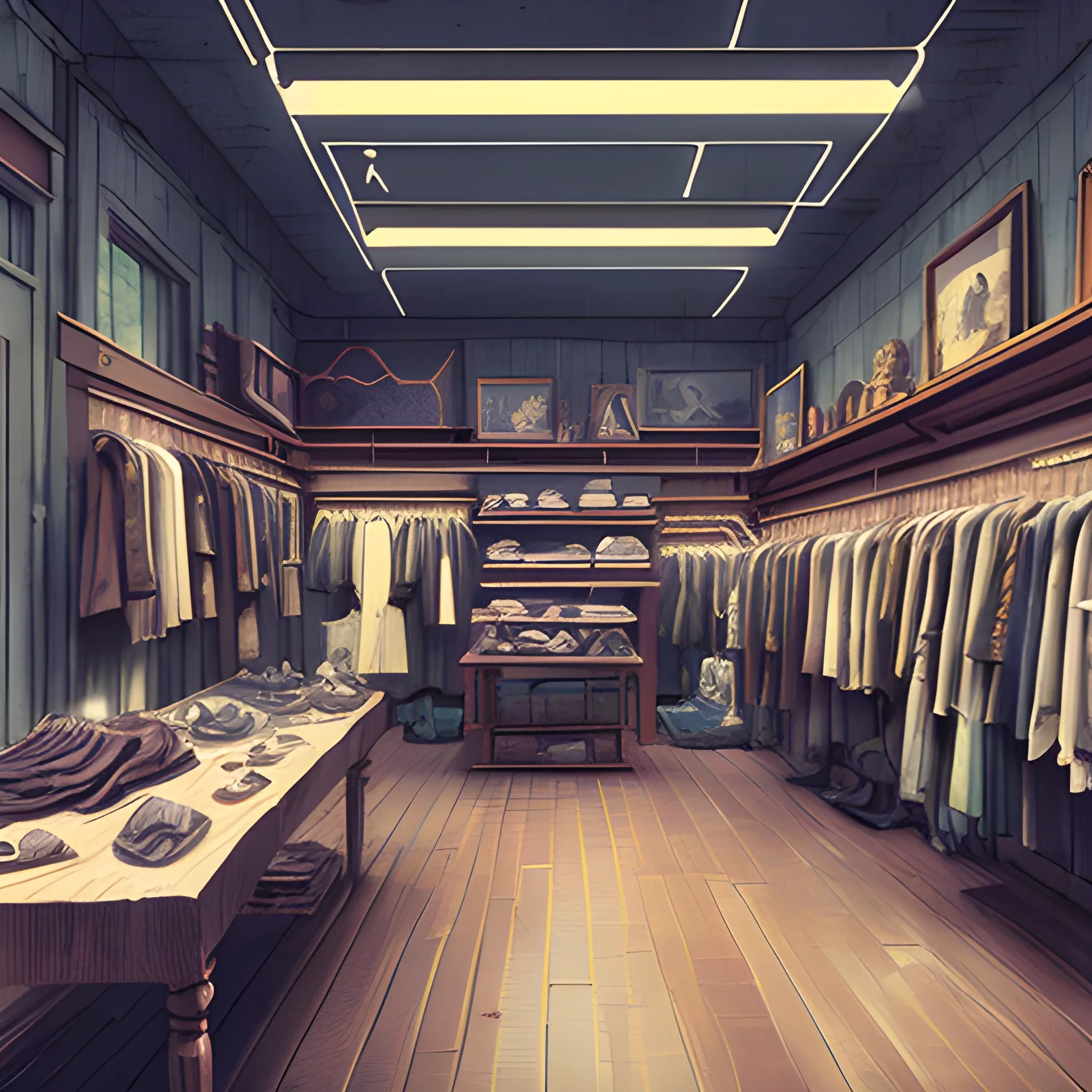 fashion store interior with items... in the style of makoto shinkai and greg rutkowski and albert bierstadt and james gurney, Cartoon