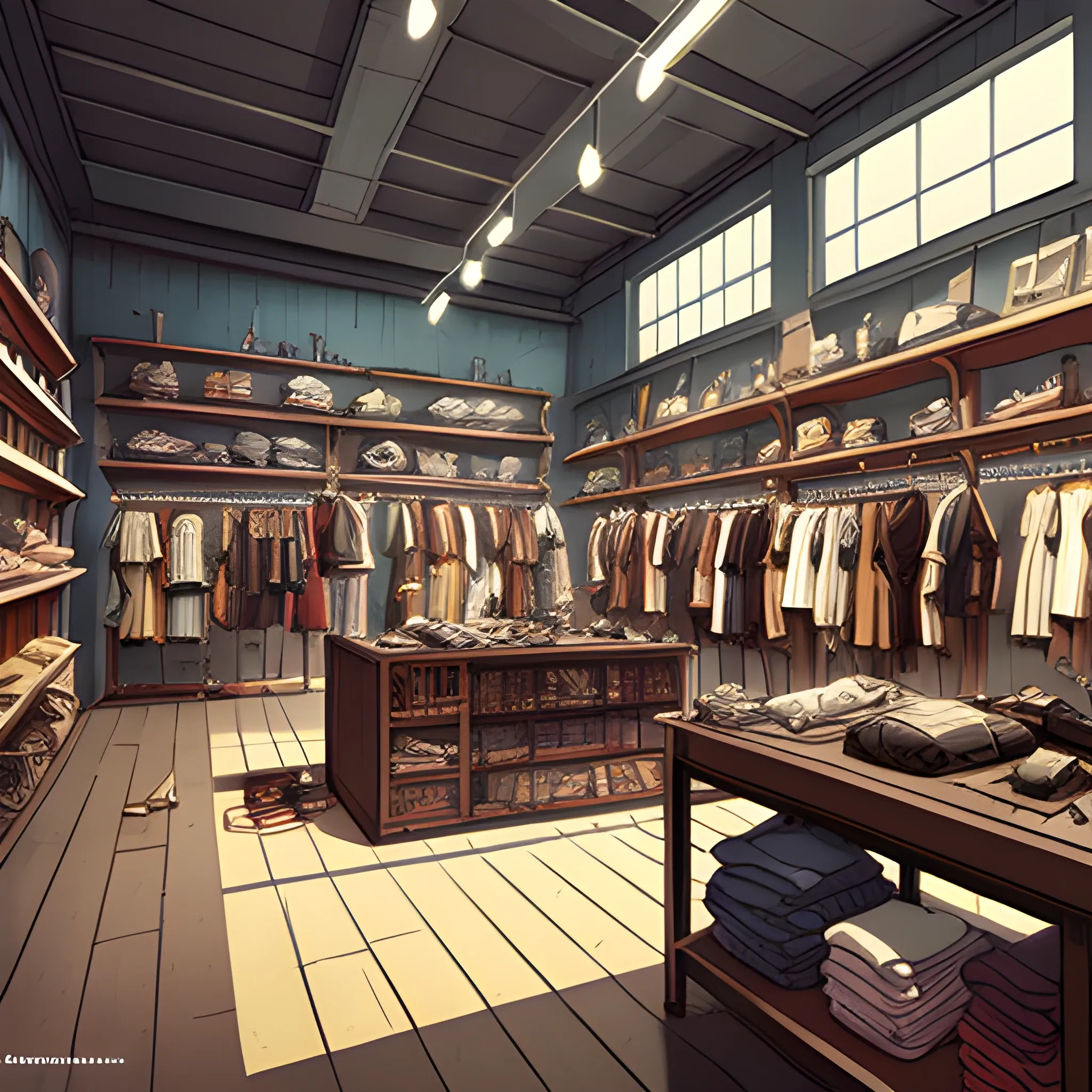 fashion store interior with items... in the style of makoto shinkai and greg rutkowski and albert bierstadt and james gurney, Cartoon