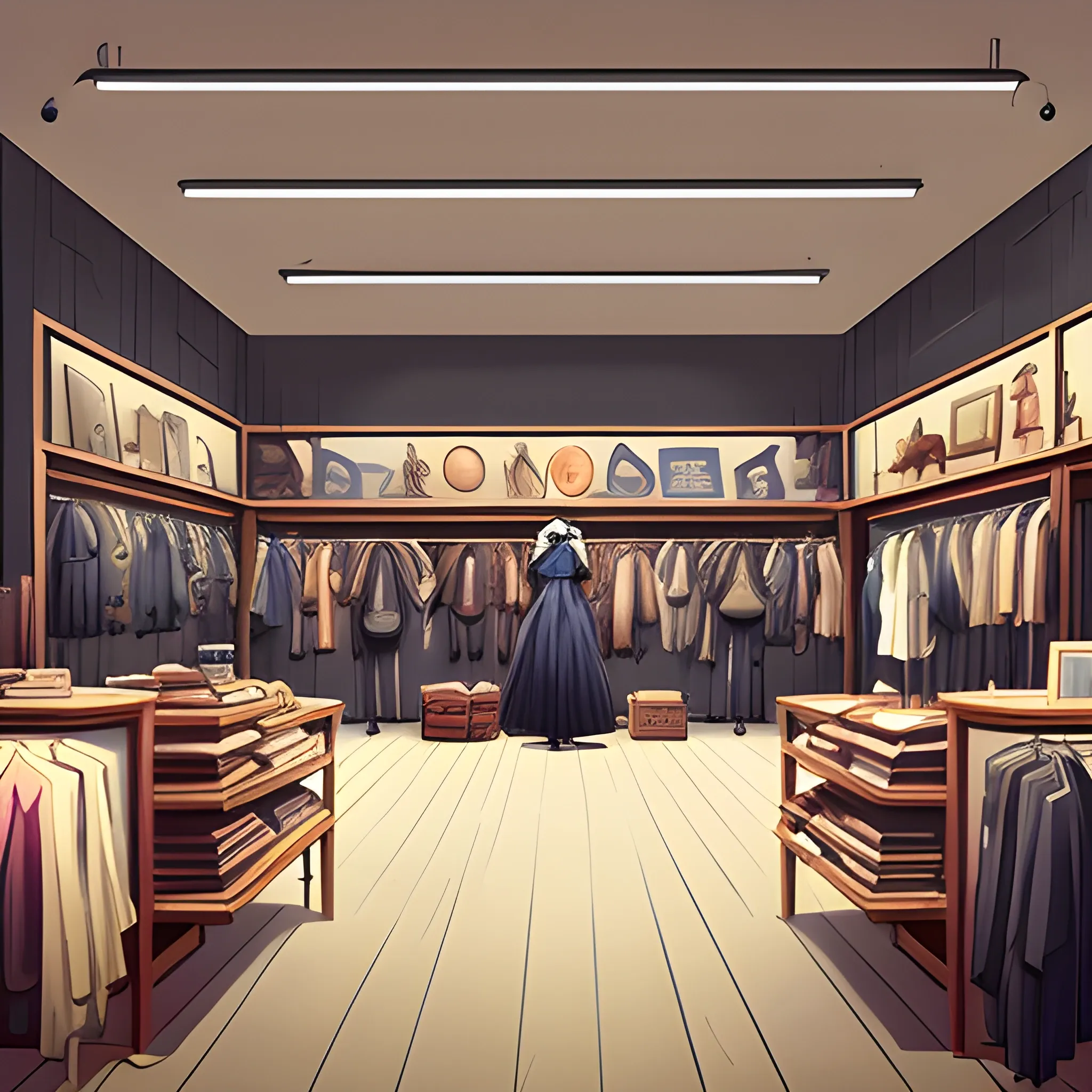 fashion store interior with items... in the style of makoto shinkai and greg rutkowski and albert bierstadt and james gurney, Cartoon