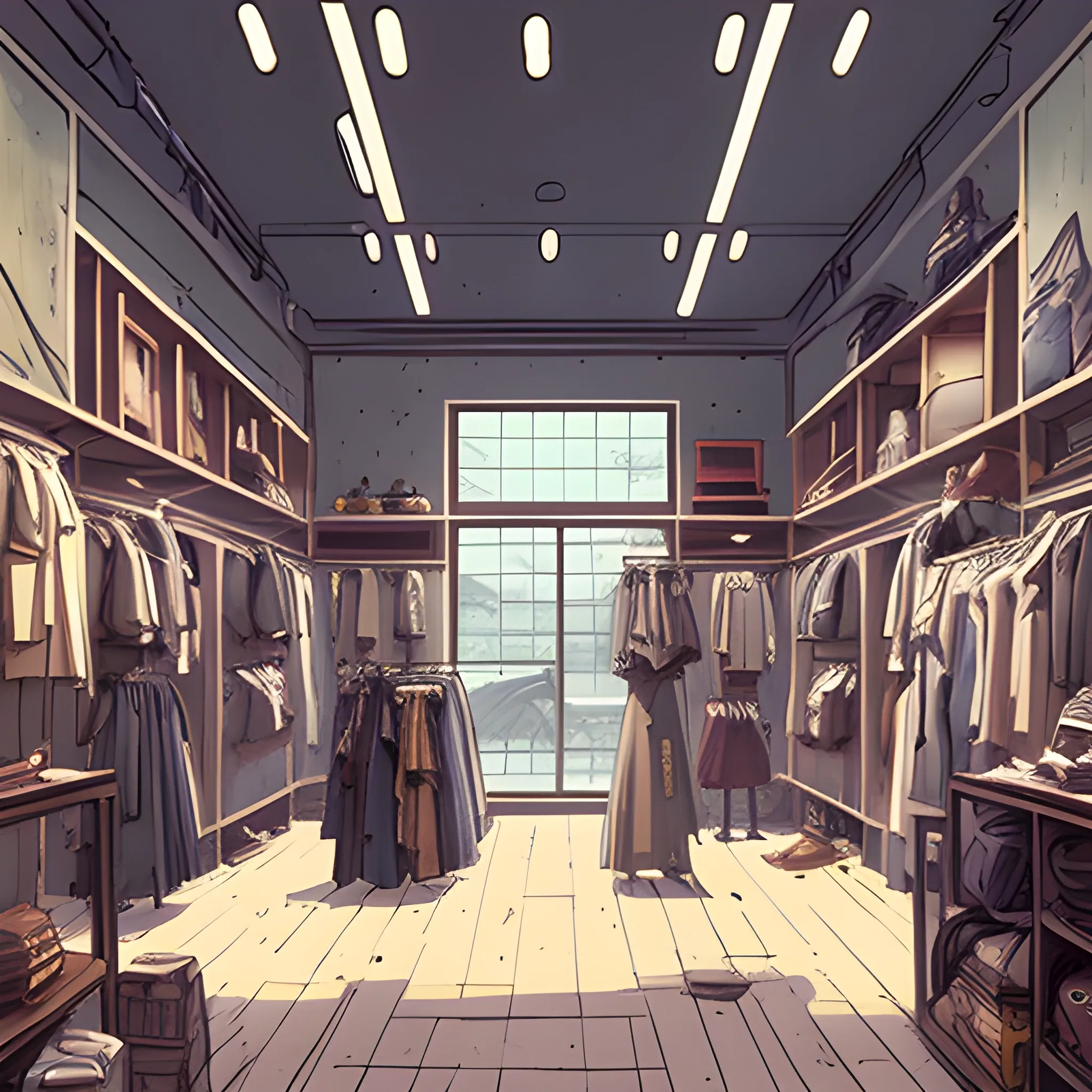 fashion store interior with items... in the style of makoto shinkai and greg rutkowski and albert bierstadt and james gurney, Cartoon