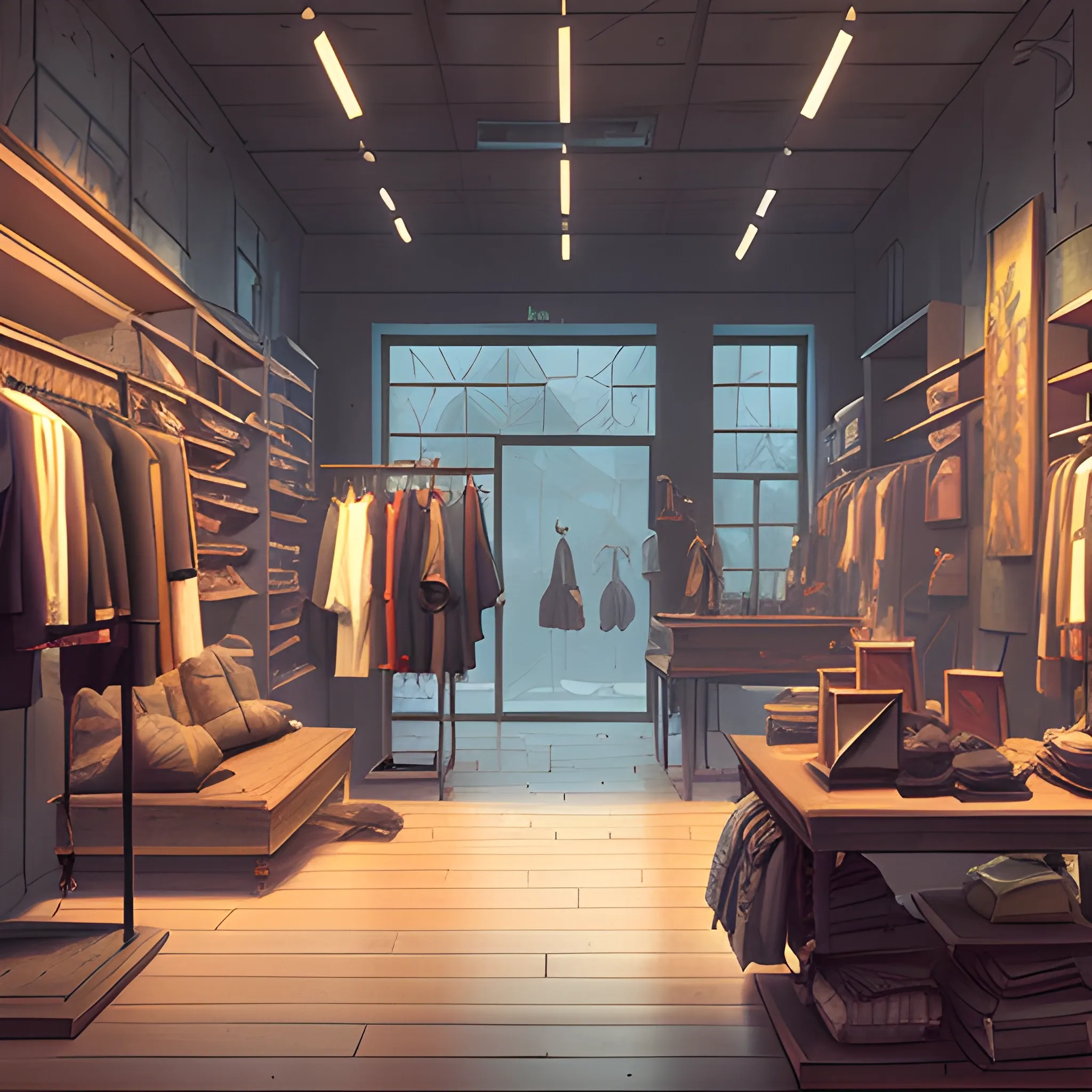 fashion store interior with items... in the style of makoto shinkai and greg rutkowski and albert bierstadt and james gurney, Cartoon