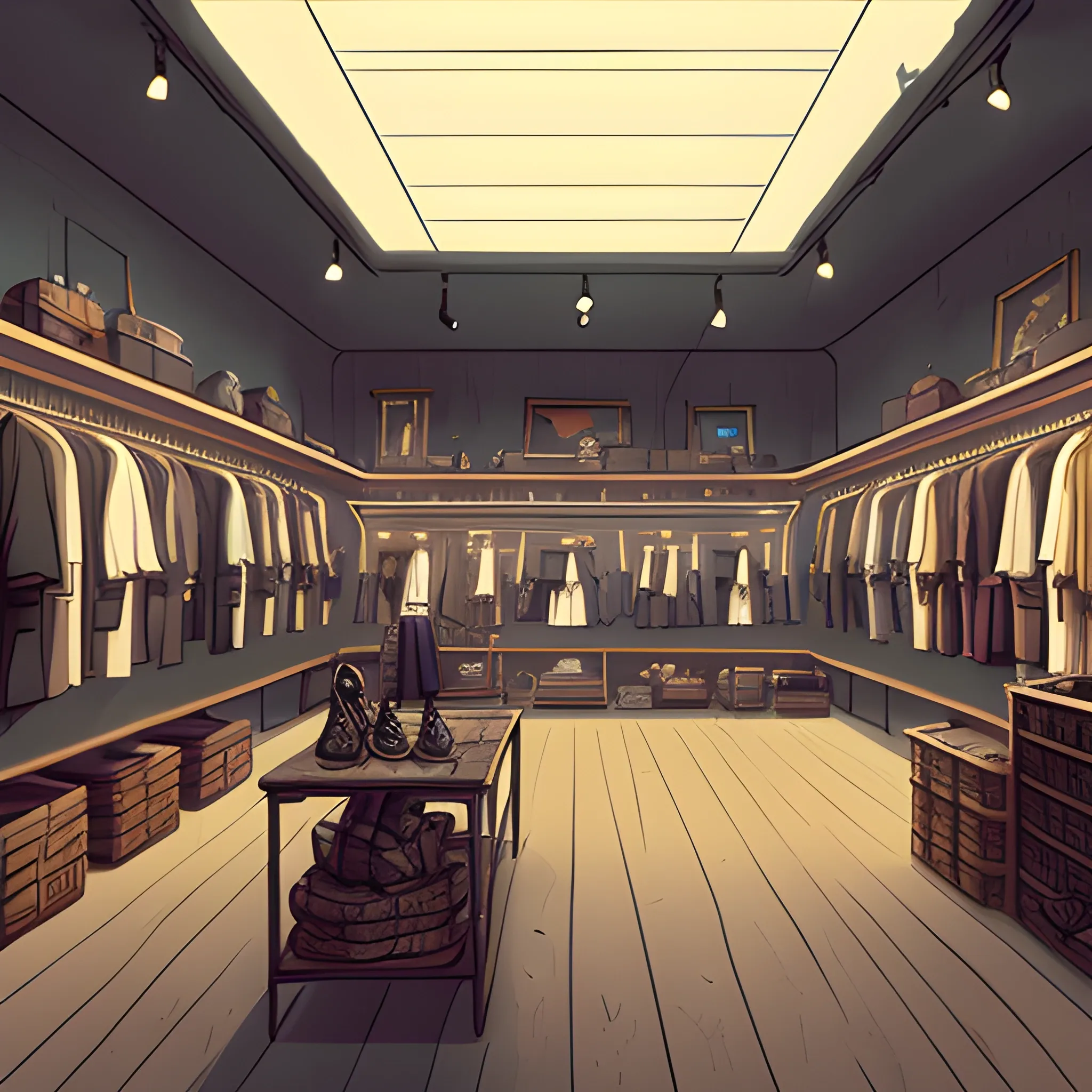 fashion store interior with items... in the style of makoto shinkai and greg rutkowski and albert bierstadt and james gurney, Cartoon