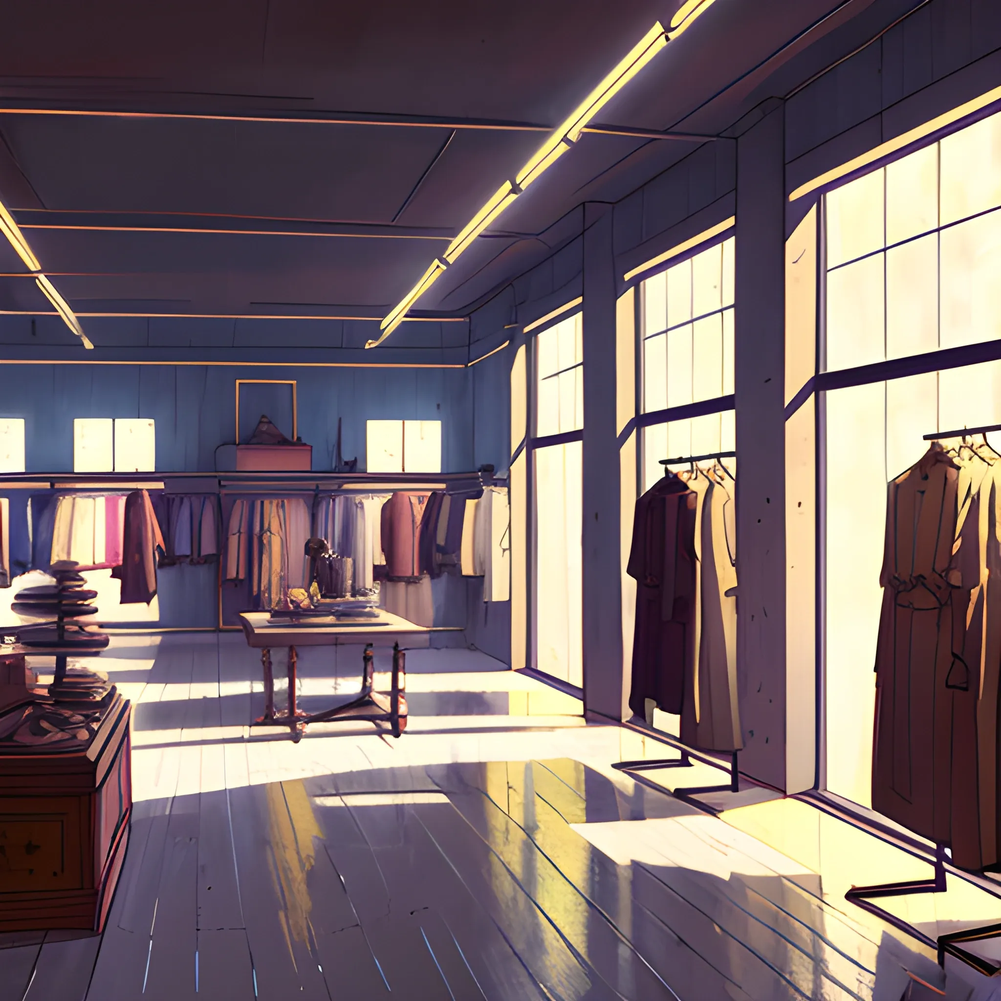 fashion store interior with items... in the style of makoto shinkai and greg rutkowski and albert bierstadt and james gurney, Cartoon