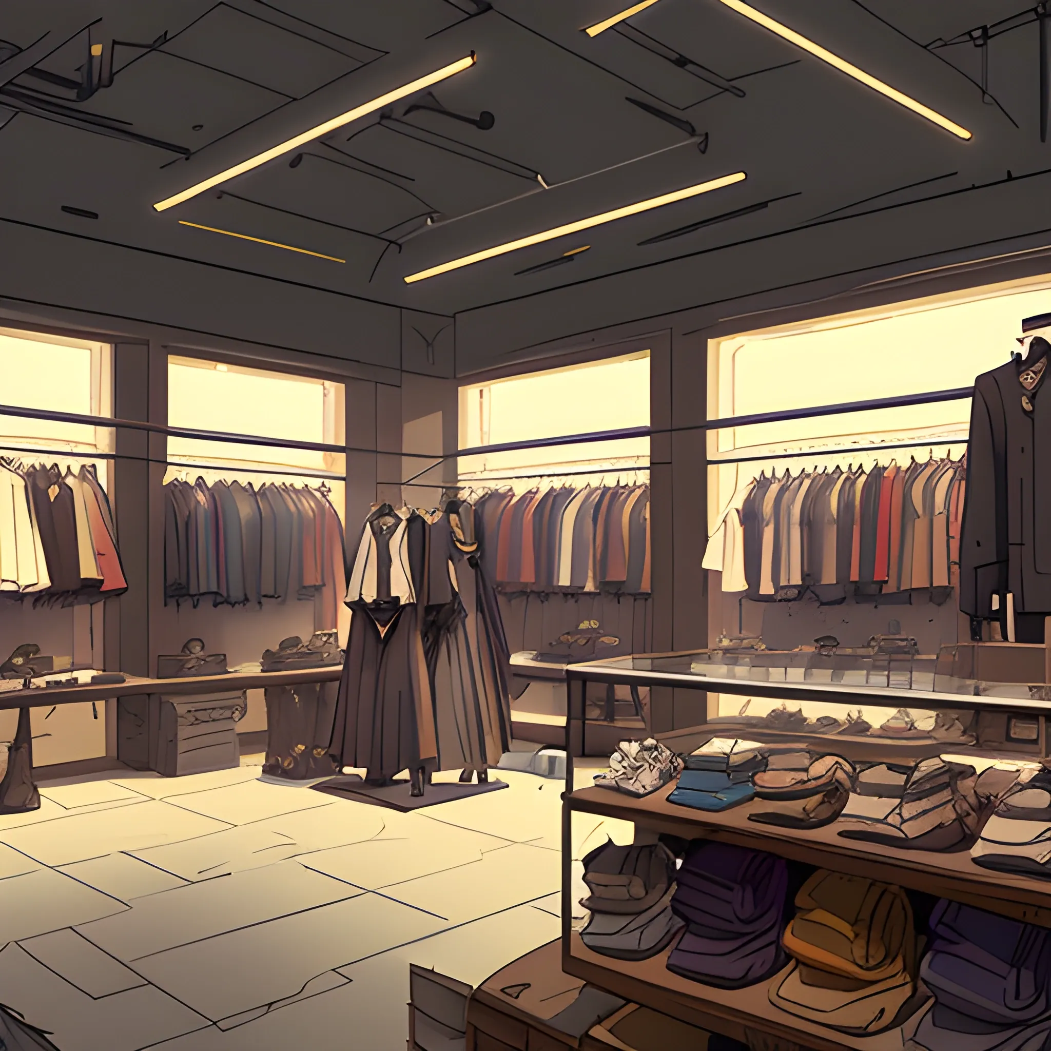 fashion store with items... in the style of makoto shinkai and greg rutkowski and albert bierstadt and james gurney, Cartoon