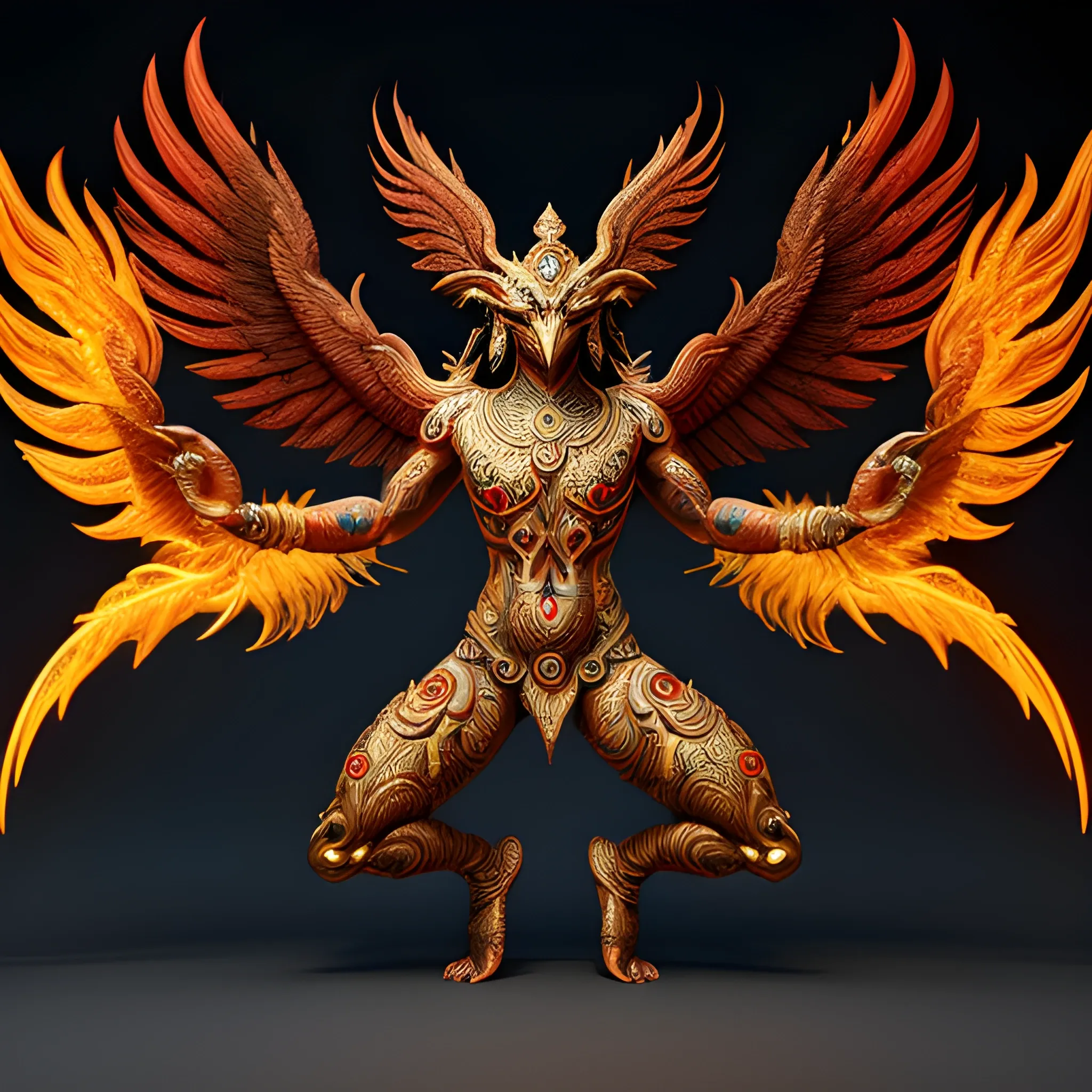 Full body Garuda emerges from the ashes with the powers of the Phoenix and the dragon. Show in full frame. Draw outlines of glowing triangles in the background. Ultra realistic render. Masculine tattoo. Hindu mythology fusion, 3D