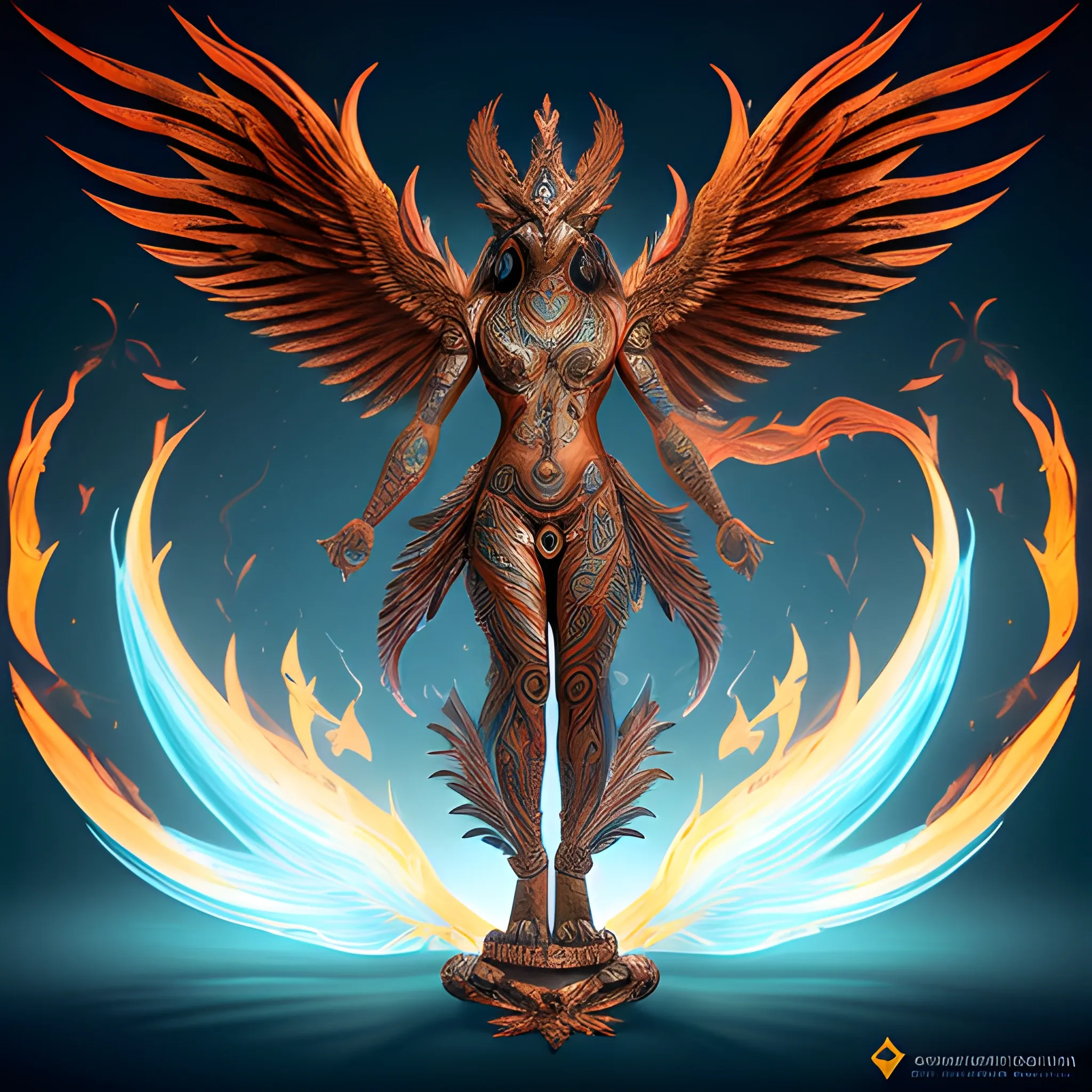 Full body Garuda emerges from the ashes with the powers of the Phoenix and the dragon. Show in full frame. Draw outlines of glowing triangles in the background. Ultra realistic render. Masculine tattoo. Hindu mythology fusion