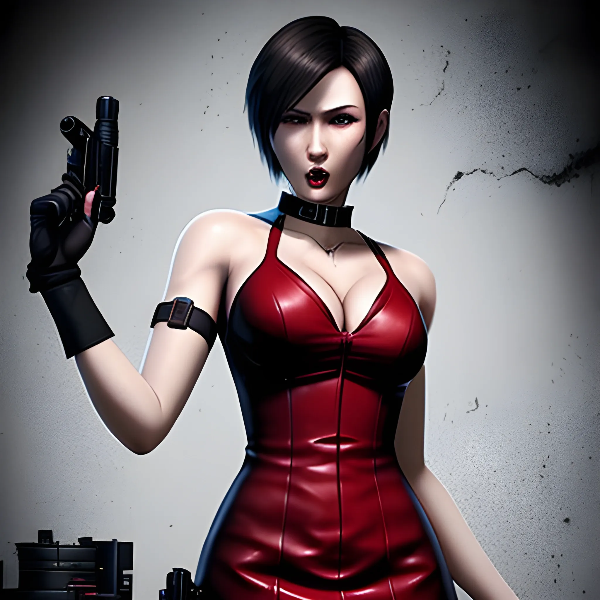 an image of Ada Wong from Resident Evil 2 Remake. She has short, straight black hair, wears a red dress, and has a ahegao expression. Include her iconic black gloves and choker. The background should be a dark, moody setting, reminiscent of the game’s atmosphere. Cleavage. Beautiful. -1 Offset. Realistic