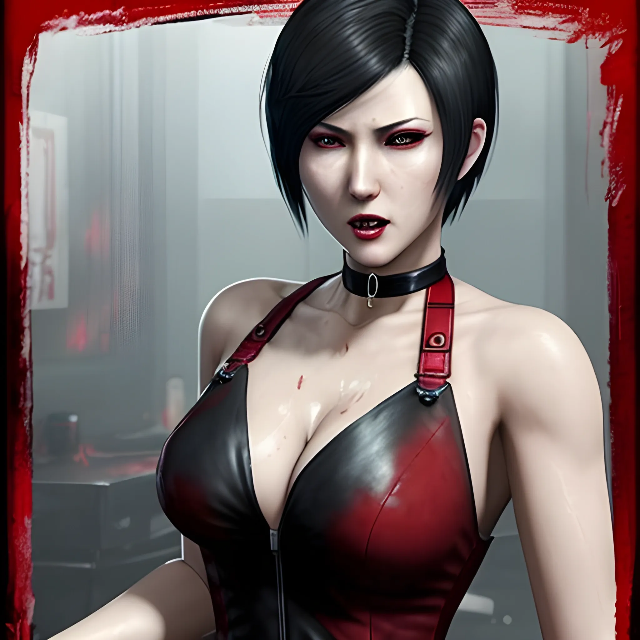 an image of Ada Wong from Resident Evil 2 Remake. She has short, straight black hair, wears a red dress, and has a ahegao expression. Include her iconic black gloves and choker. The background should be a dark, moody setting, reminiscent of the game’s atmosphere. Cleavage. Beautiful. -1 Offset. Realistic, Water Color