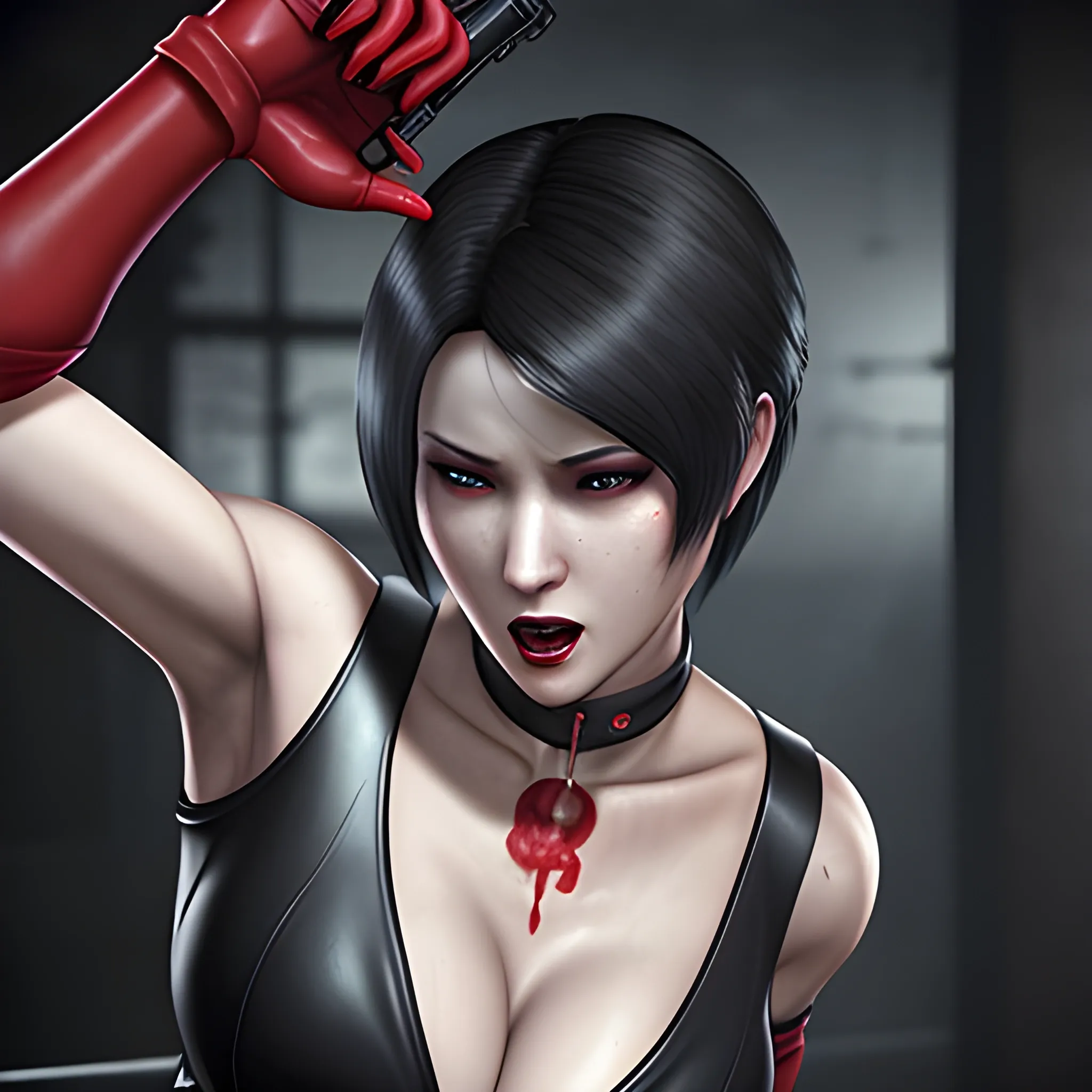 an image of Ada Wong from Resident Evil 2 Remake. She has short, straight black hair, wears a red dress, and has a ahegao expression. Include her iconic black gloves and choker. The background should be a dark, moody setting, reminiscent of the game’s atmosphere. Cleavage. Beautiful. -1 Offset. Realistic, 3D