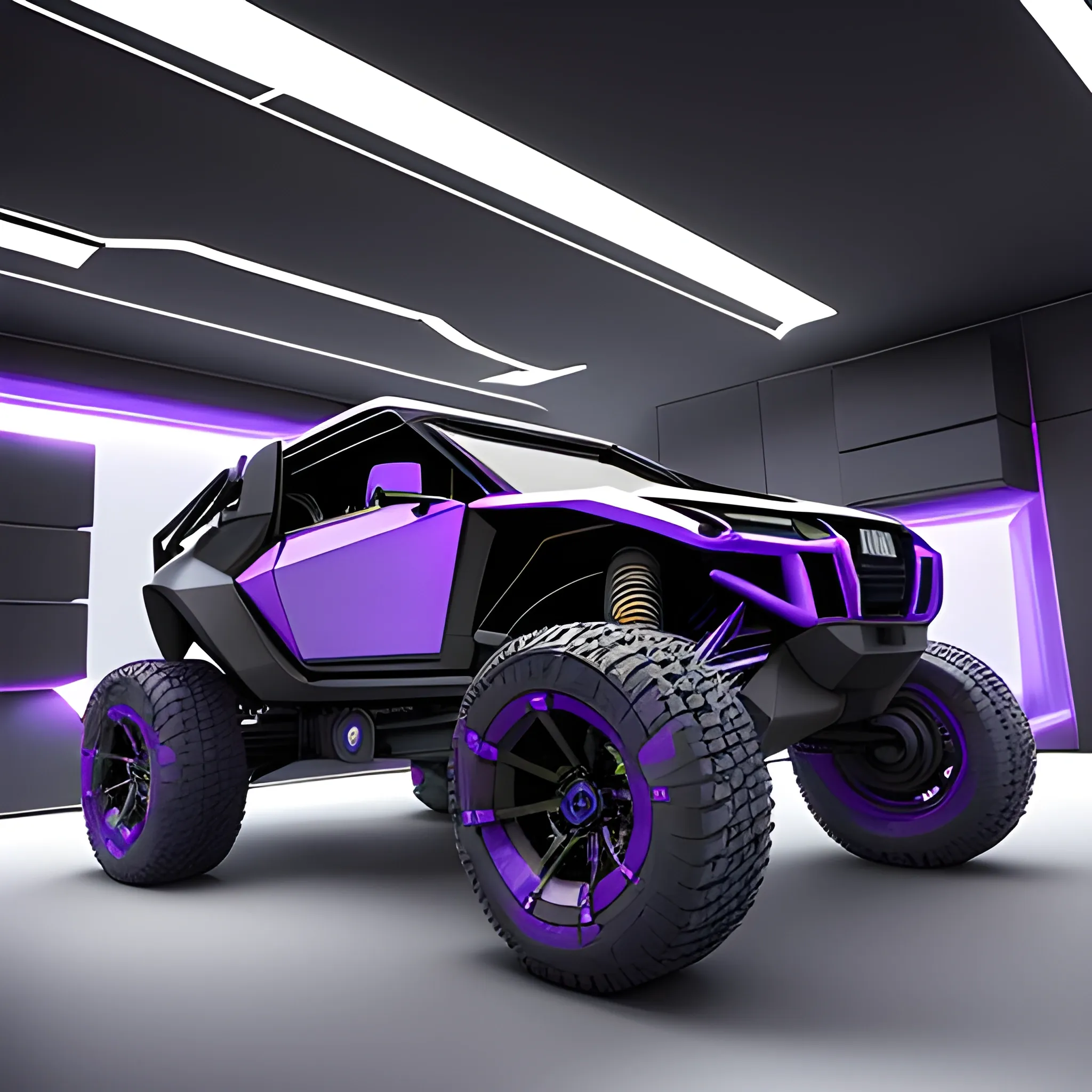 A stunning 3D rendering of the fantastic  concept off-road vehicle, showcasing its sleek design and impressive performance. The car is dressed in an attractive black and purple color scheme, with wide tires that enhance its on-road prowess. The folding roof is dark-tinted, giving the car a luxurious feel. The exterior is tastefully decorated with red and black accents, while the interior boasts a futuristic look with bright sparkling lights. The overall atmosphere of the photo is modern, luxurious, and high-octane, evoking a sense of speed and sophistication