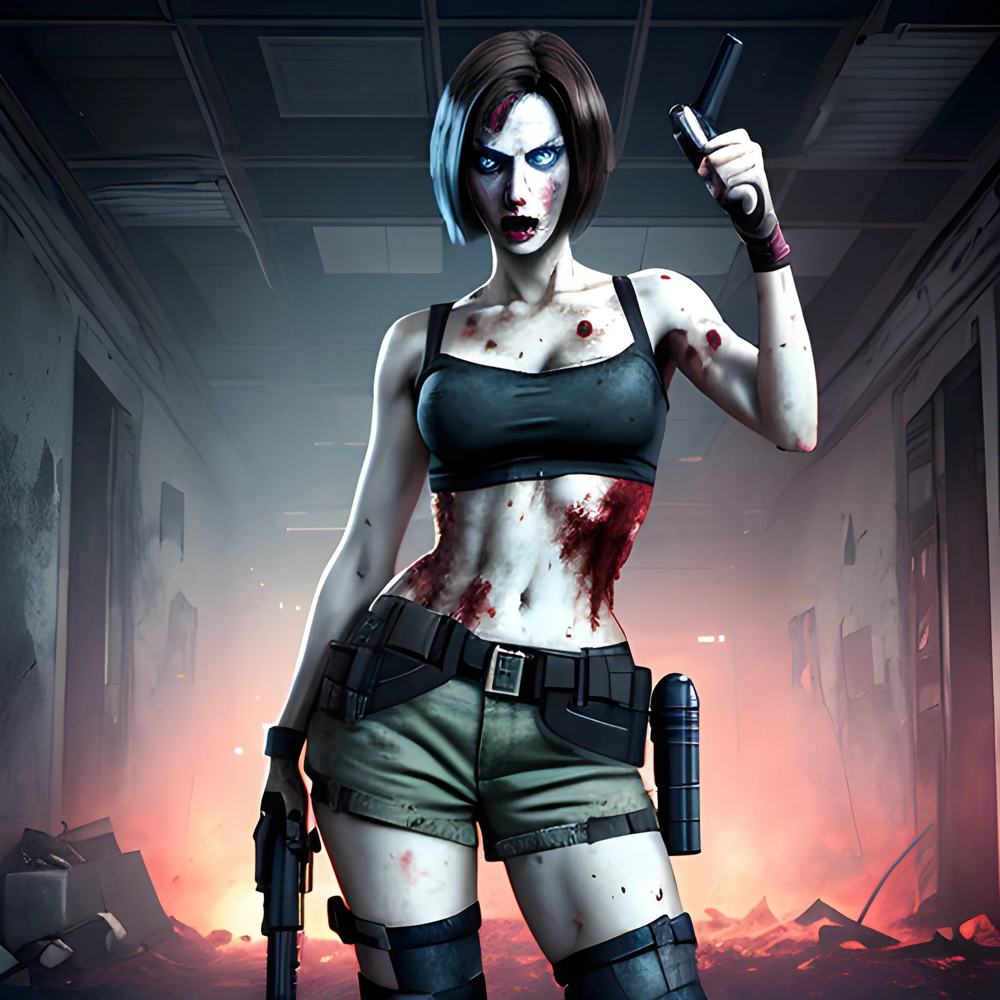 Jill valentine, blue tube top, Beautiful face, knee high boots, zombified, skort, holding a gun, pointing at camera, bob hair style, lascivious look, real skin,  pale skin, Raccoon city background, night, resident evil, sexy, full body, vibrant colors, 4k, 8k, oled colors, zombie background, night time,  zombie outbreak, realism,