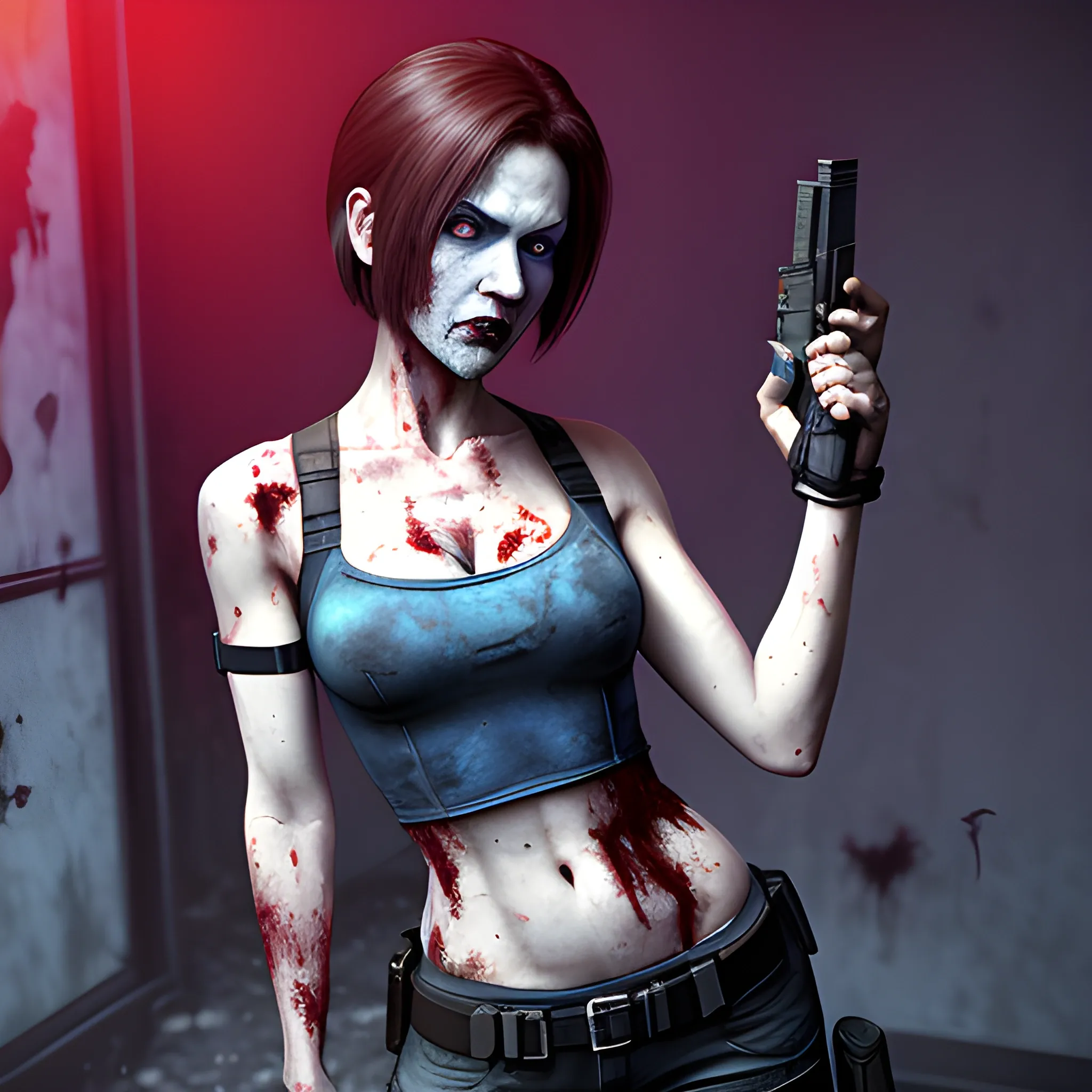 Jill valentine, blue tube top, Beautiful face, knee high boots, zombified, skort, holding a gun, pointing at camera, bob hair style, lascivious look, real skin,  pale skin, Raccoon city background, night, resident evil, sexy, full body, vibrant colors, 4k, 8k, oled colors, zombie background, night time,  zombie outbreak, realism,