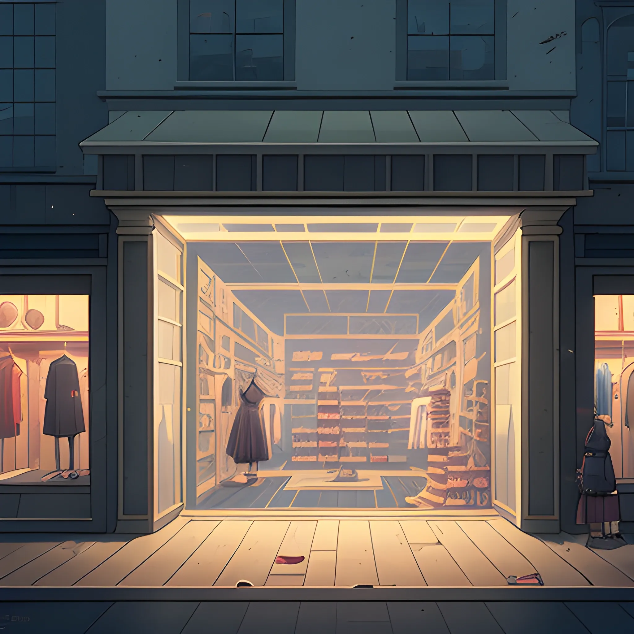 facade of a fashion store with items... in the style of makoto shinkai and greg rutkowski and albert bierstadt and james gurney, Cartoon