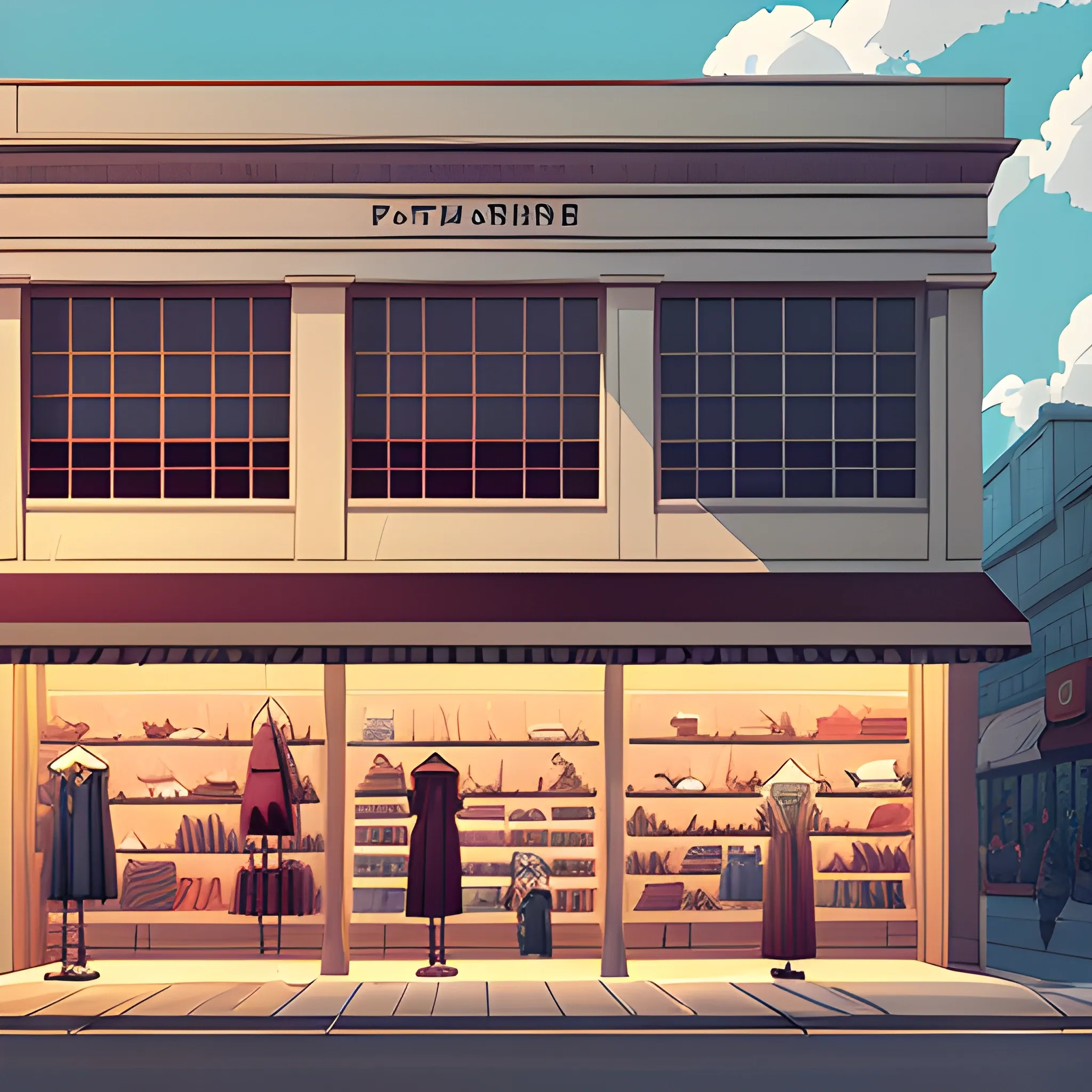 facade of a fashion store with items... in the style of makoto shinkai and greg rutkowski and albert bierstadt and james gurney, Cartoon