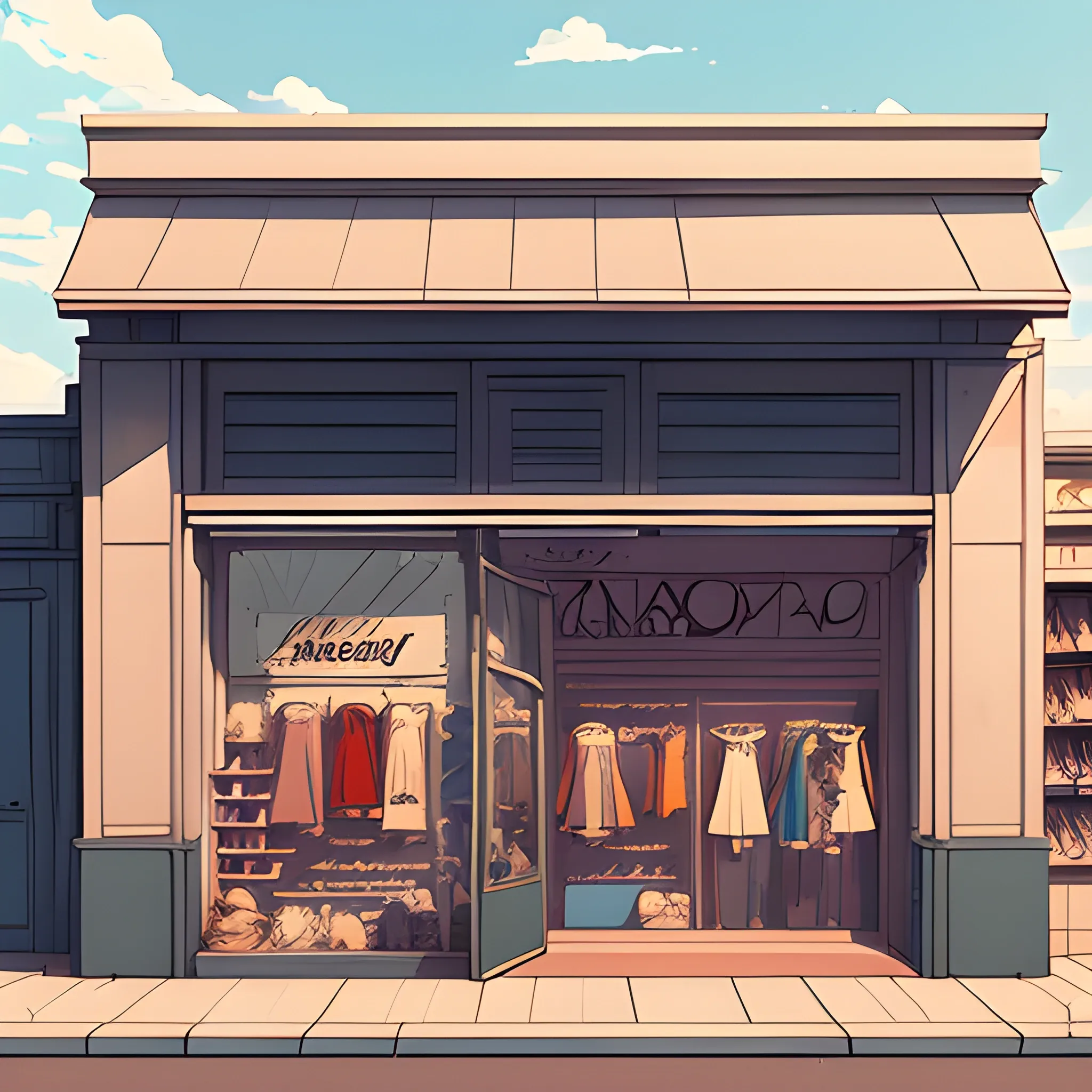 facade of a fashion store with items... in the style of makoto shinkai and greg rutkowski and albert bierstadt and james gurney, Cartoon