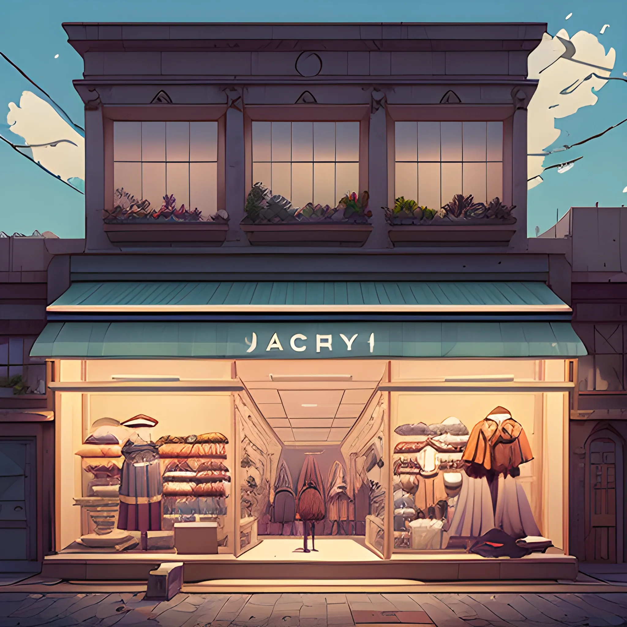 facade of a fashion store with items... in the style of makoto shinkai and greg rutkowski and albert bierstadt and james gurney, Cartoon