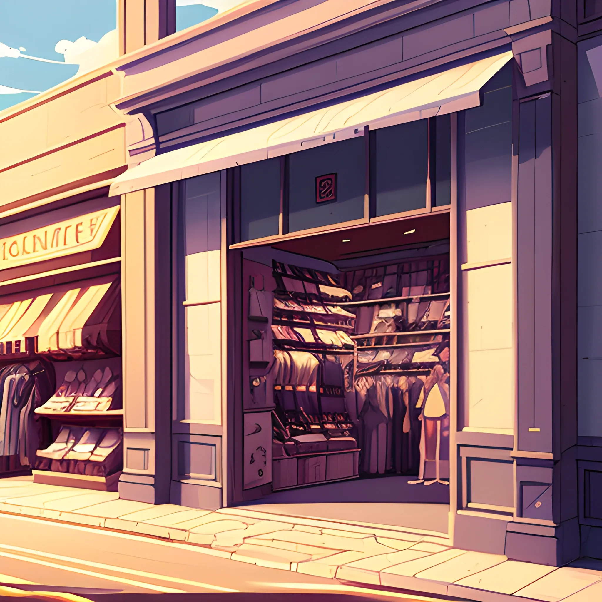 facade of a fashion store with items... in the style of makoto shinkai and greg rutkowski and albert bierstadt and james gurney, Cartoon