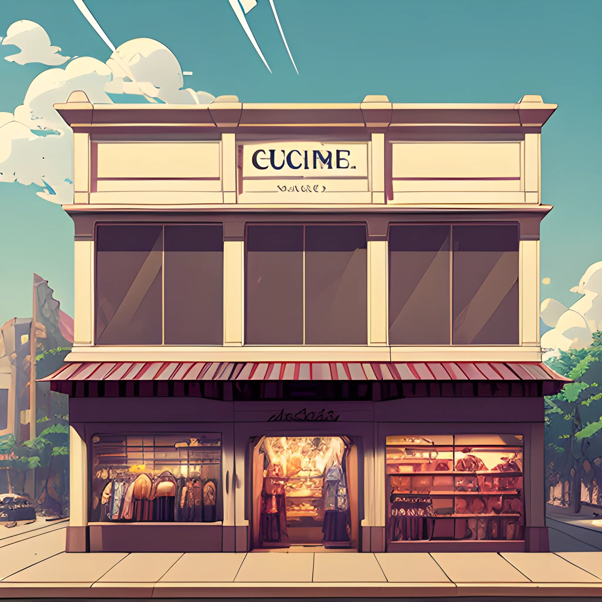 facade of a fashion store with items... in the style of makoto shinkai and greg rutkowski and albert bierstadt and james gurney, Cartoon