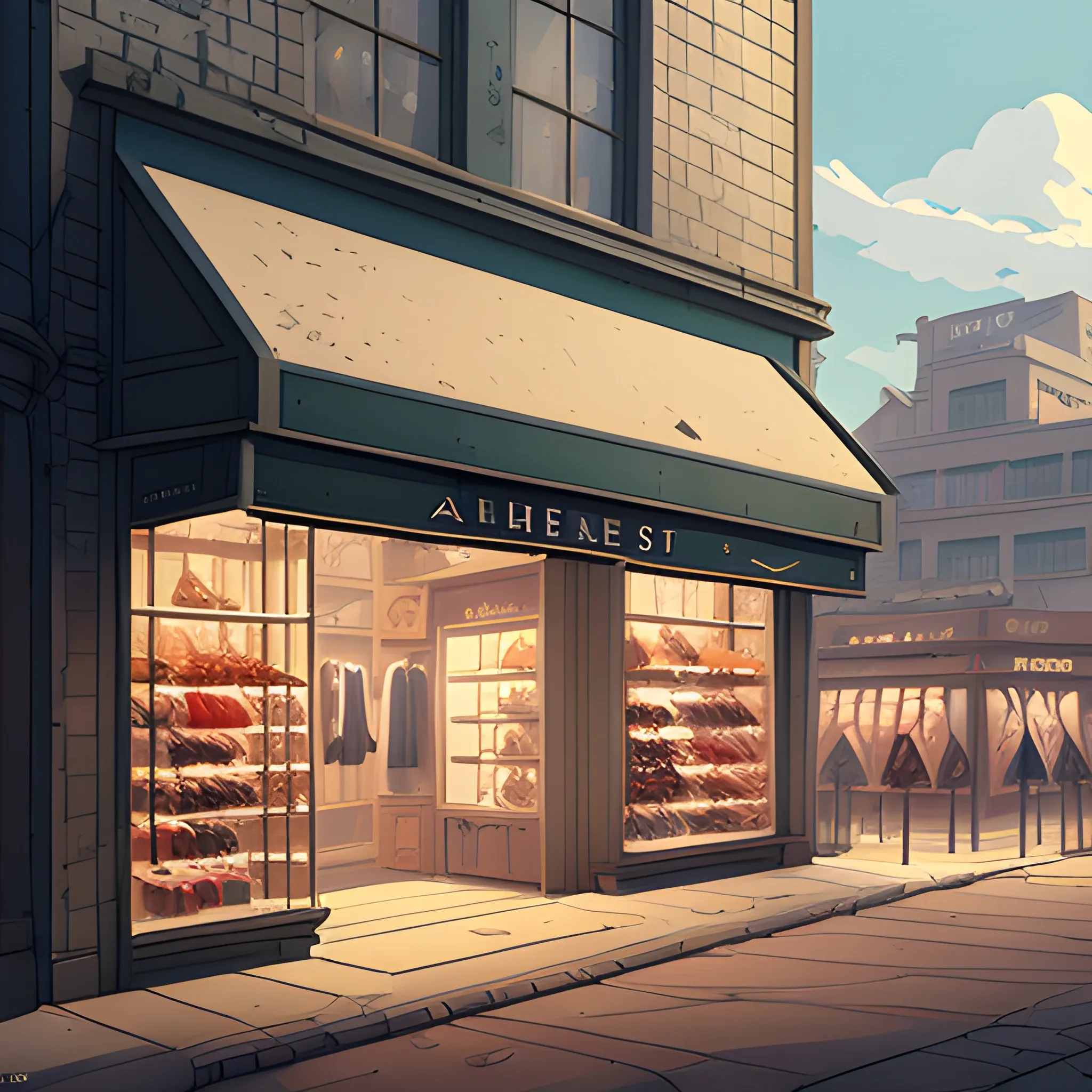 facade of a fashion store with items... in the style of makoto shinkai and greg rutkowski and albert bierstadt and james gurney, Cartoon