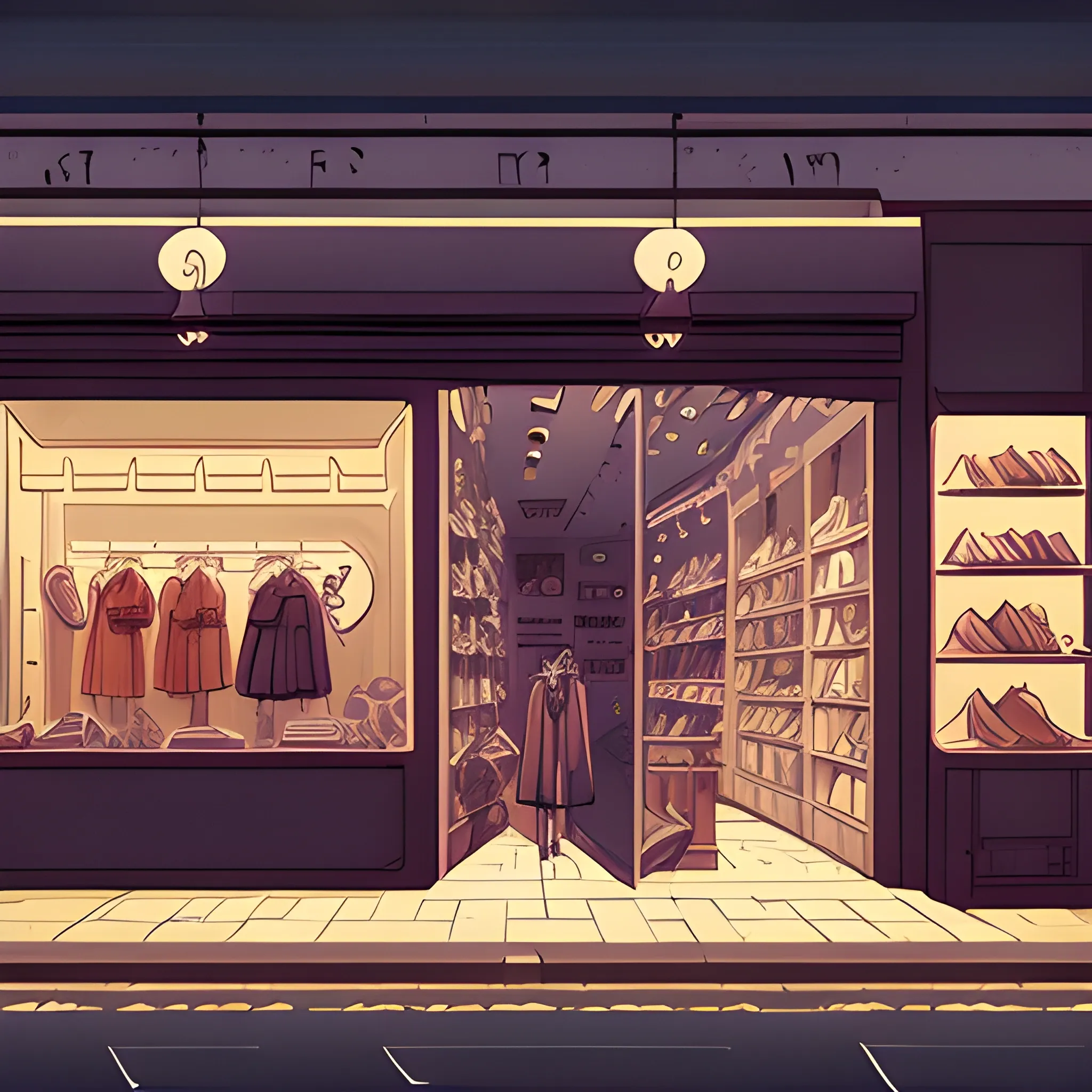 facade of a fashion store with items... in the style of makoto shinkai and greg rutkowski and albert bierstadt and james gurney, Cartoon