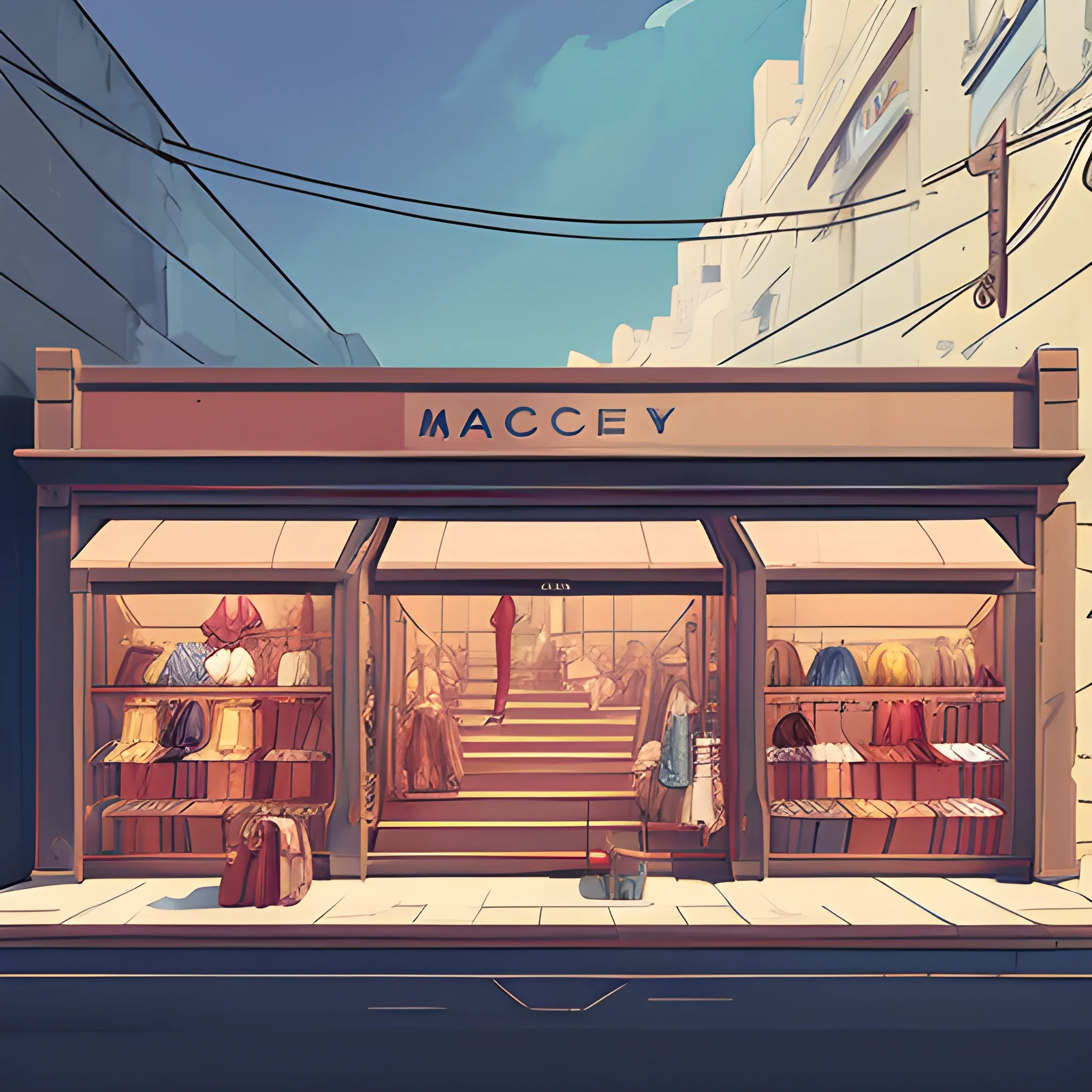 facade of a fashion store with items... in the style of makoto shinkai and greg rutkowski and albert bierstadt and james gurney, Cartoon