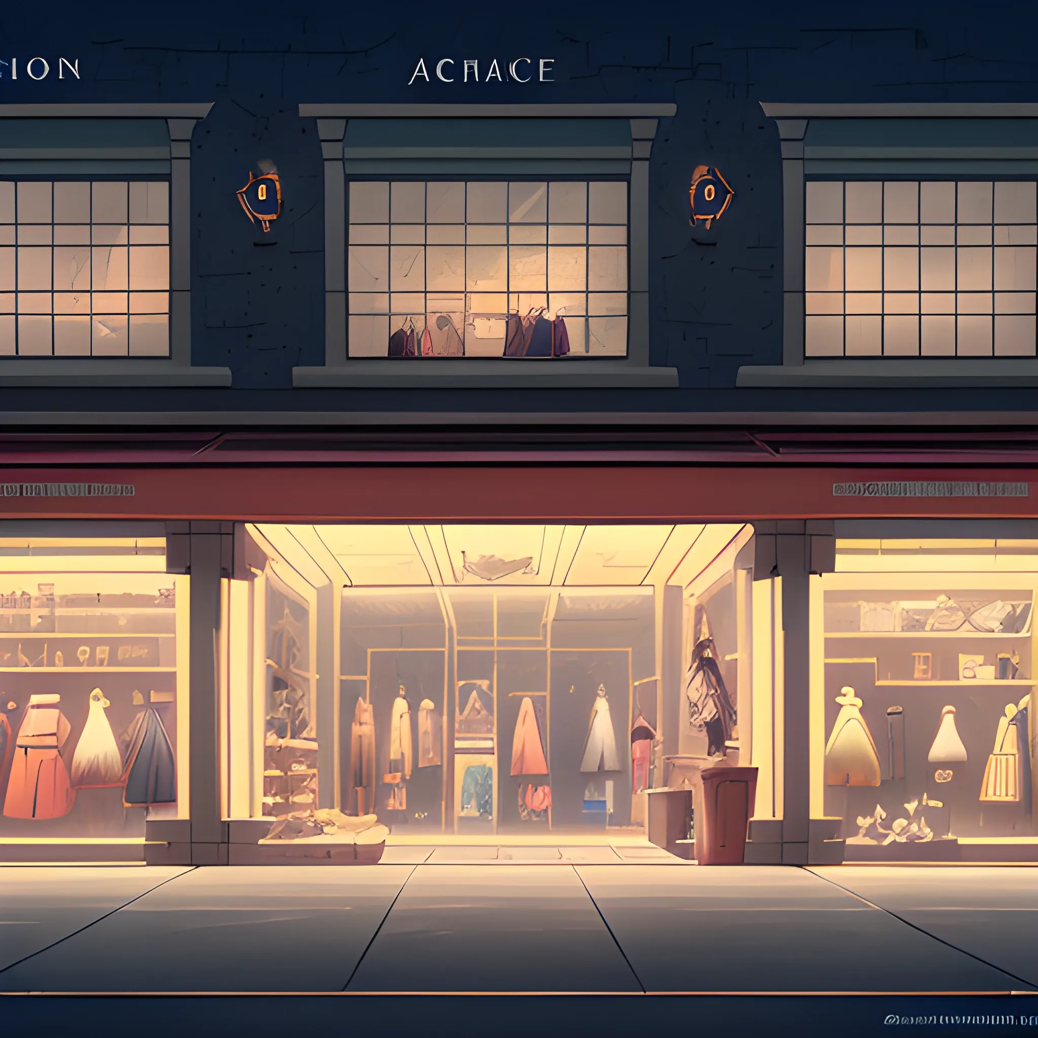 facade of a fashion store with items... in the style of makoto shinkai and greg rutkowski and albert bierstadt and james gurney, Cartoon