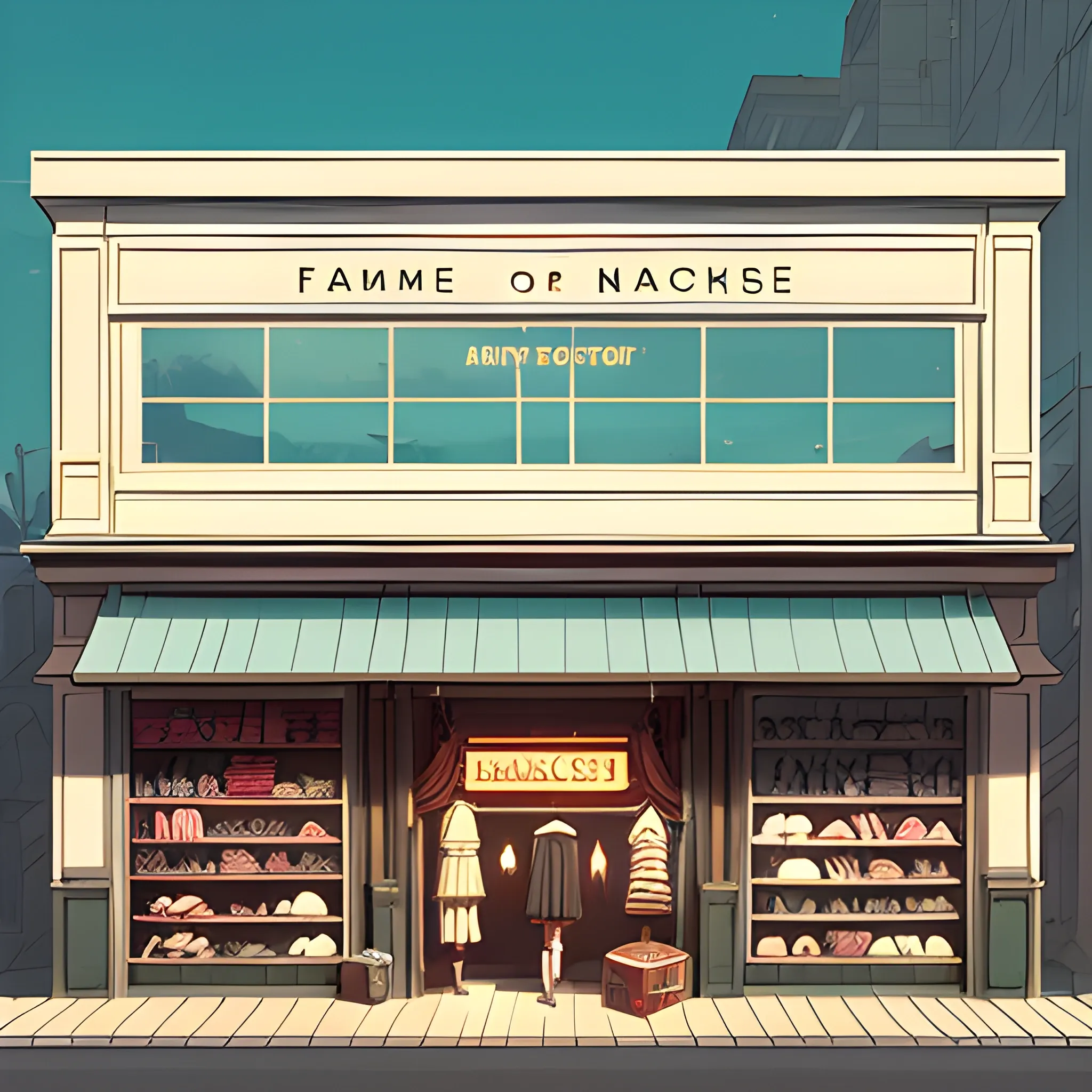 facade of a fashion store with items... in the style of makoto shinkai and greg rutkowski and albert bierstadt and james gurney, Cartoon