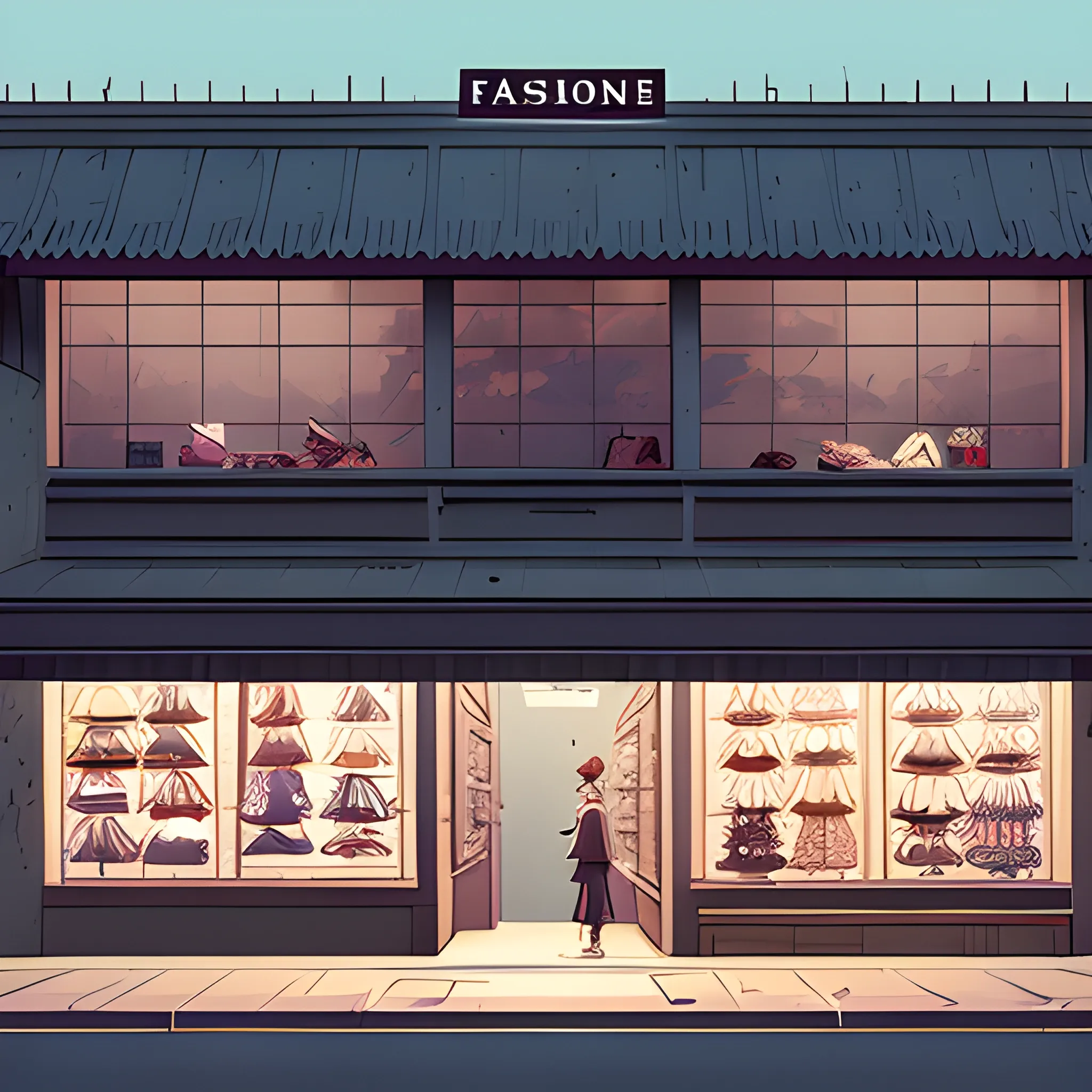 facade of a fashion store with items... in the style of makoto shinkai and greg rutkowski and albert bierstadt and james gurney, Cartoon