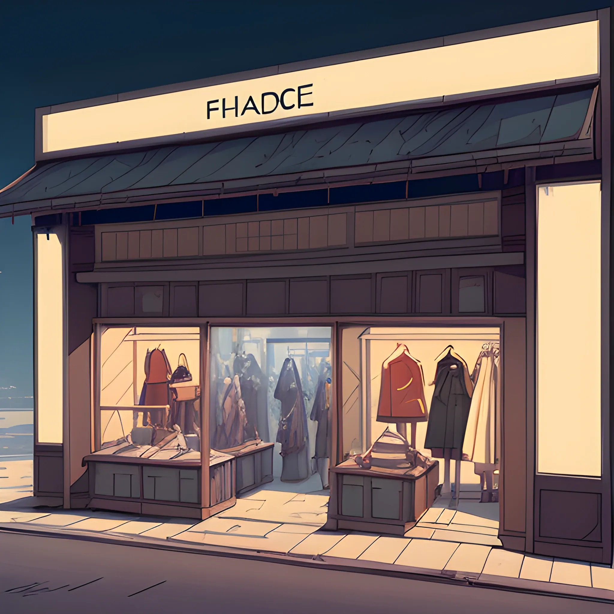 facade of a fashion store with items... in the style of makoto shinkai and greg rutkowski and albert bierstadt and james gurney, Cartoon