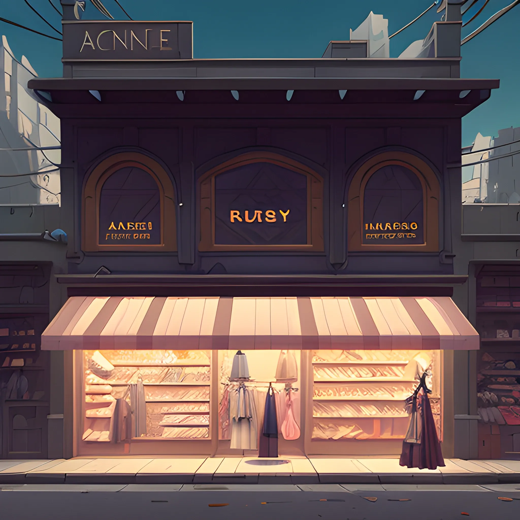 facade of a fashion store with items... in the style of makoto shinkai and greg rutkowski and albert bierstadt and james gurney, Cartoon