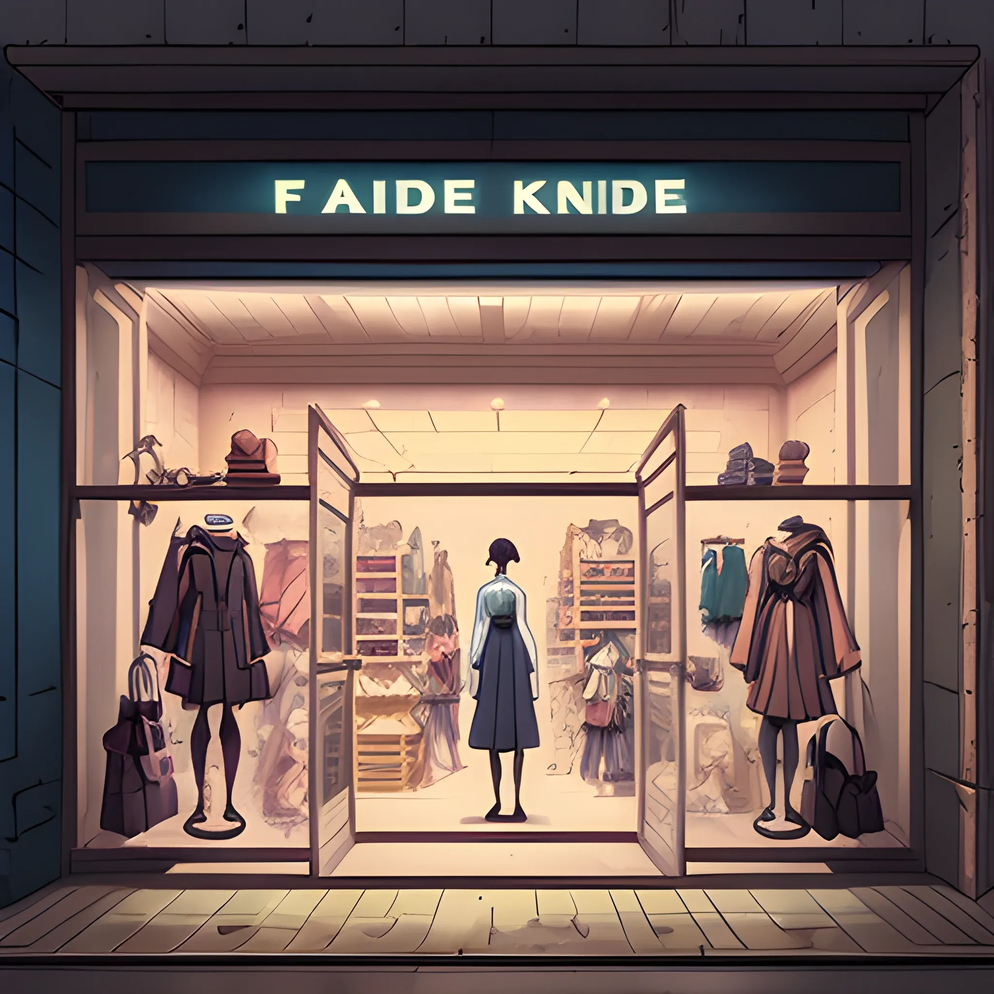 facade of a fashion store with items... in the style of makoto shinkai and greg rutkowski and albert bierstadt and james gurney, Cartoon