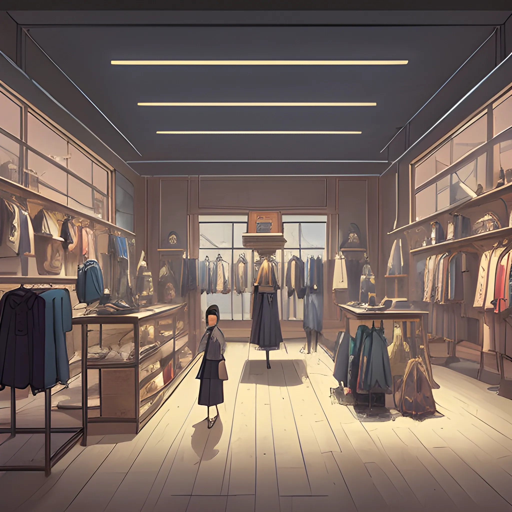 law view of a fashion store interior with items... in the style of makoto shinkai and greg rutkowski and albert bierstadt and james gurney, Cartoon