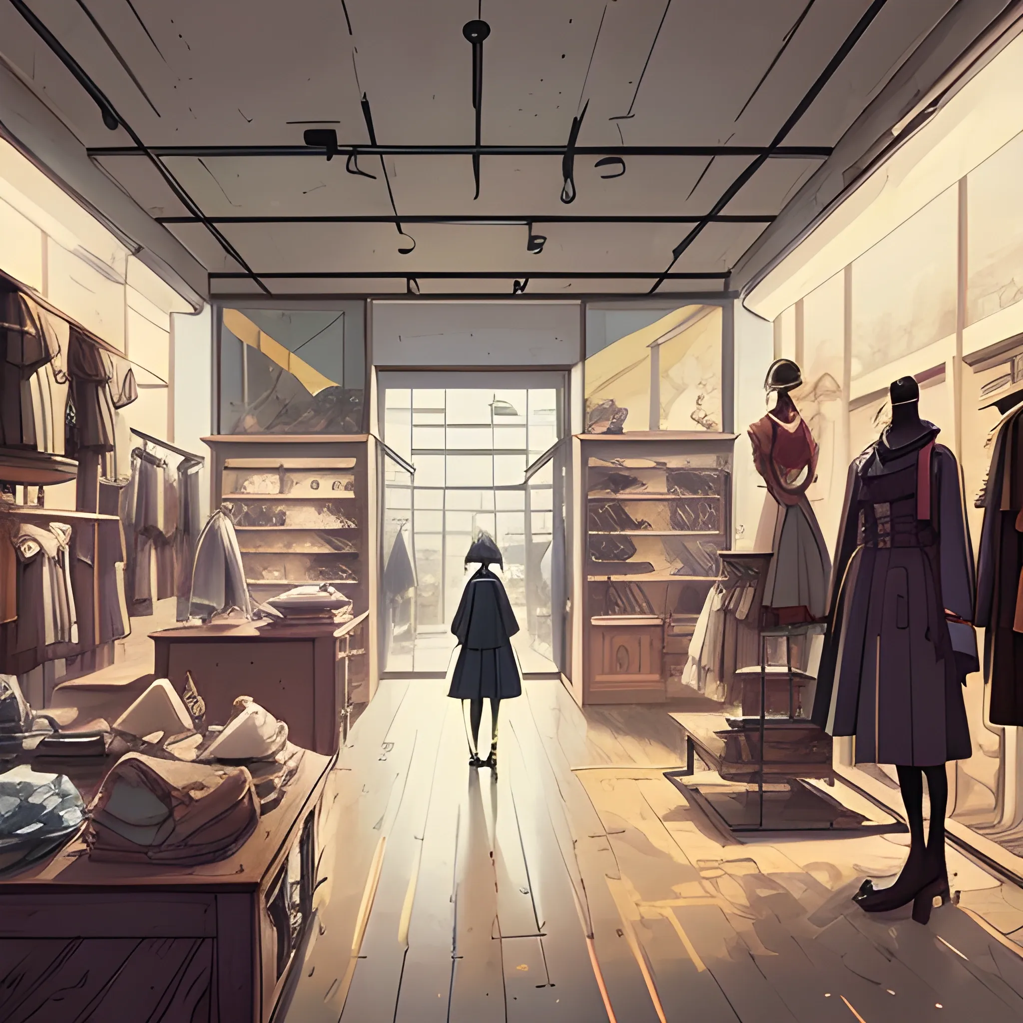 law view of a fashion store interior with items... in the style of makoto shinkai and greg rutkowski and albert bierstadt and james gurney, Cartoon