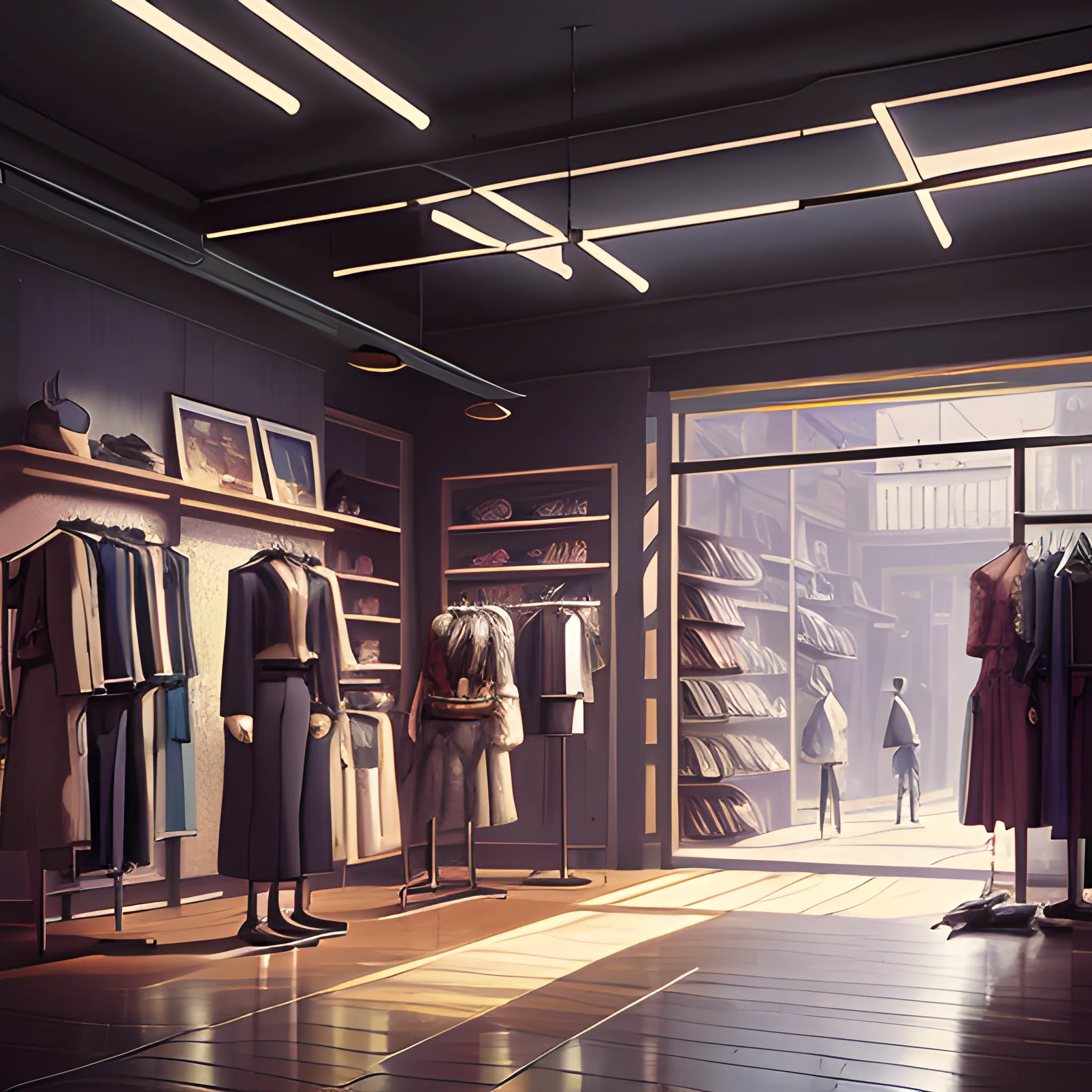 law view of a fashion store interior with items... in the style of makoto shinkai and greg rutkowski and albert bierstadt and james gurney, Cartoon