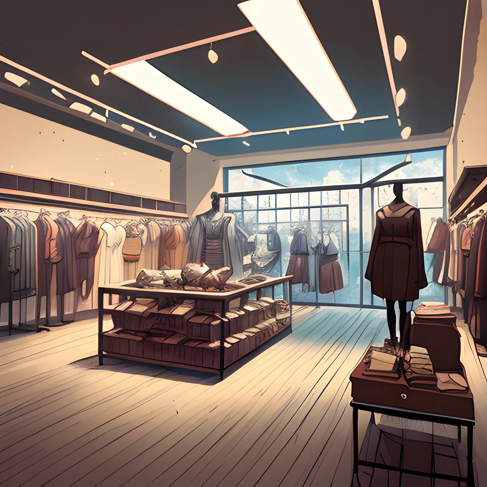 law view of a fashion store interior with items... in the style of makoto shinkai and greg rutkowski and albert bierstadt and james gurney, Cartoon