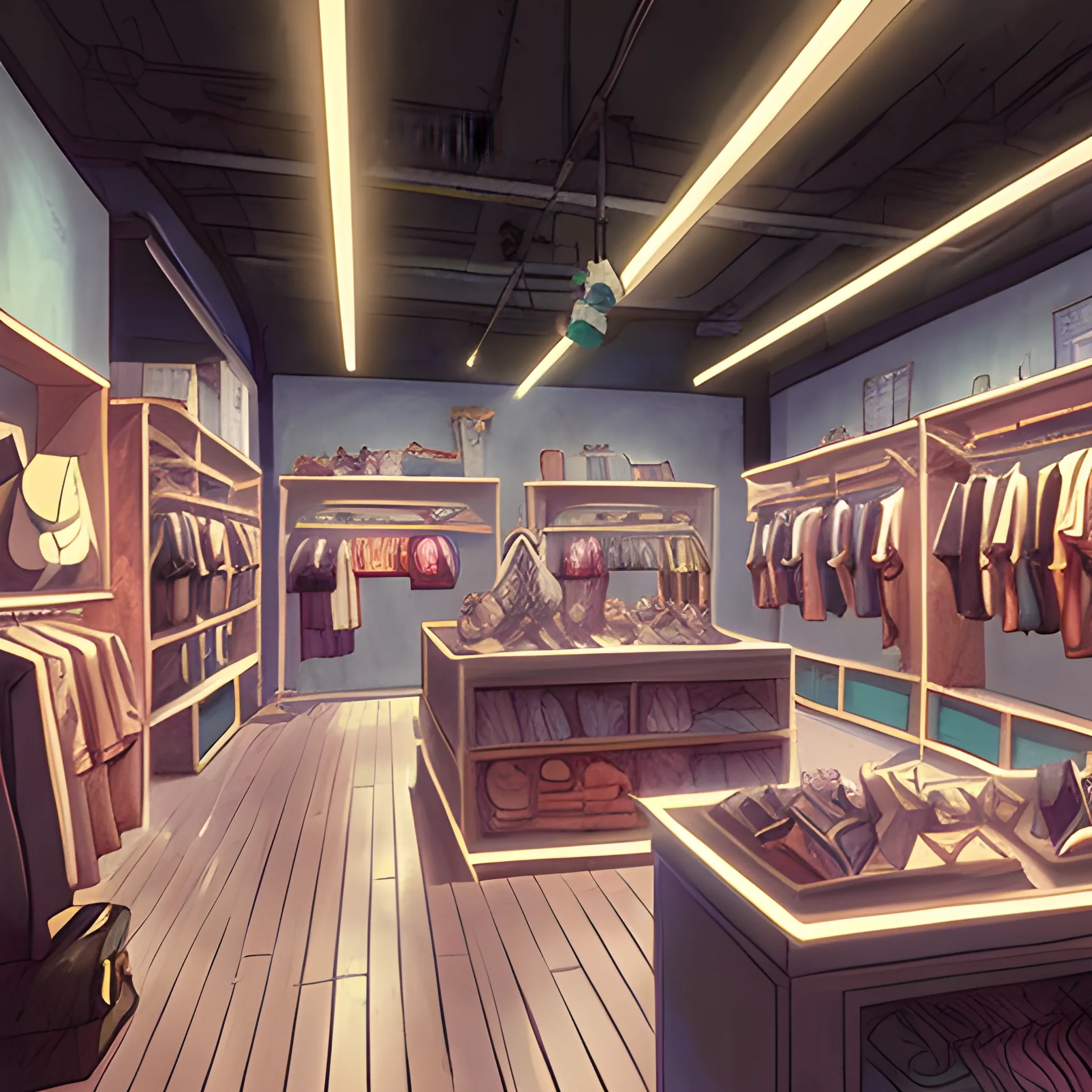 law view of a fashion store interior with items... in the style of makoto shinkai and greg rutkowski and albert bierstadt and james gurney, Cartoon