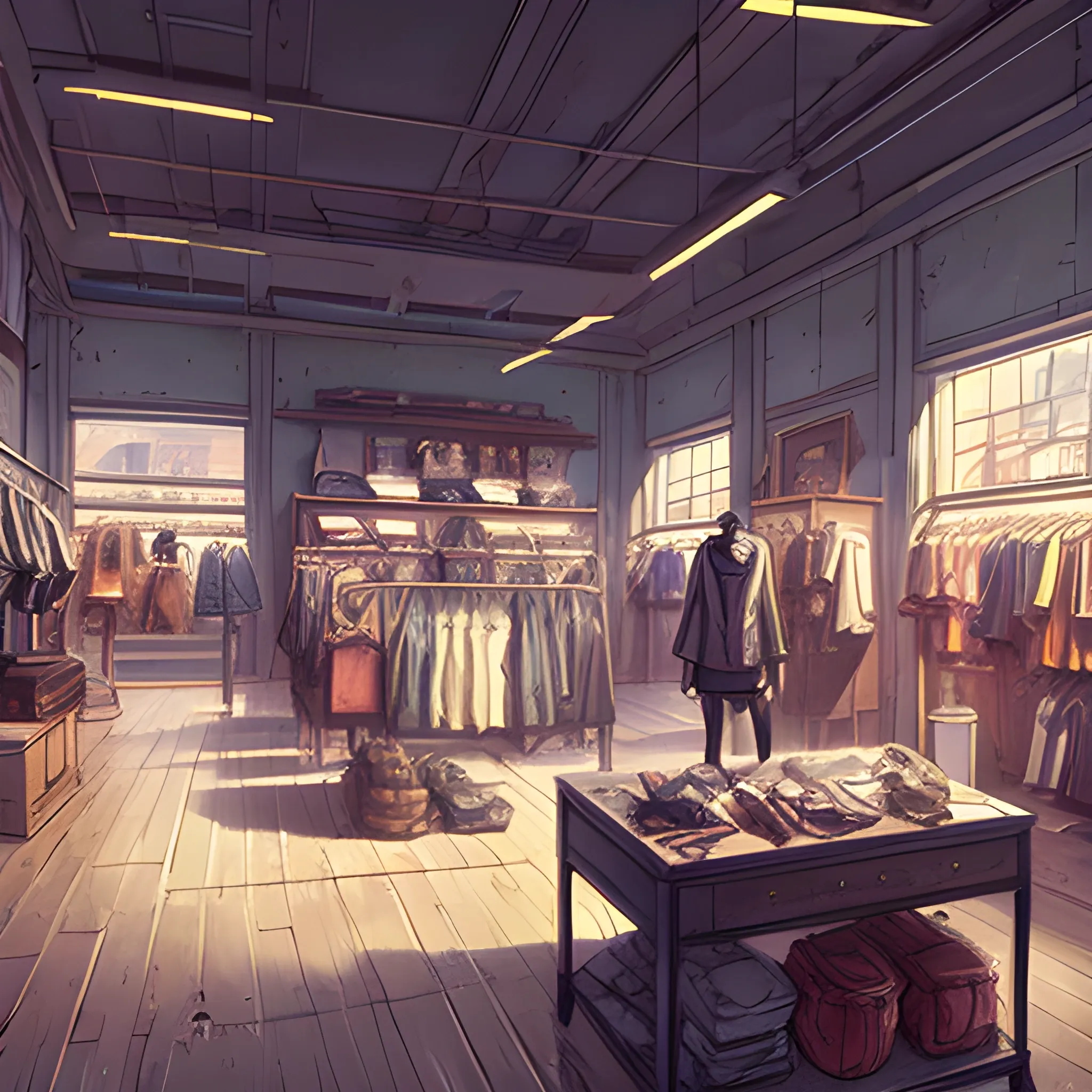 law view of a fashion store interior with items... in the style of makoto shinkai and greg rutkowski and albert bierstadt and james gurney, Cartoon