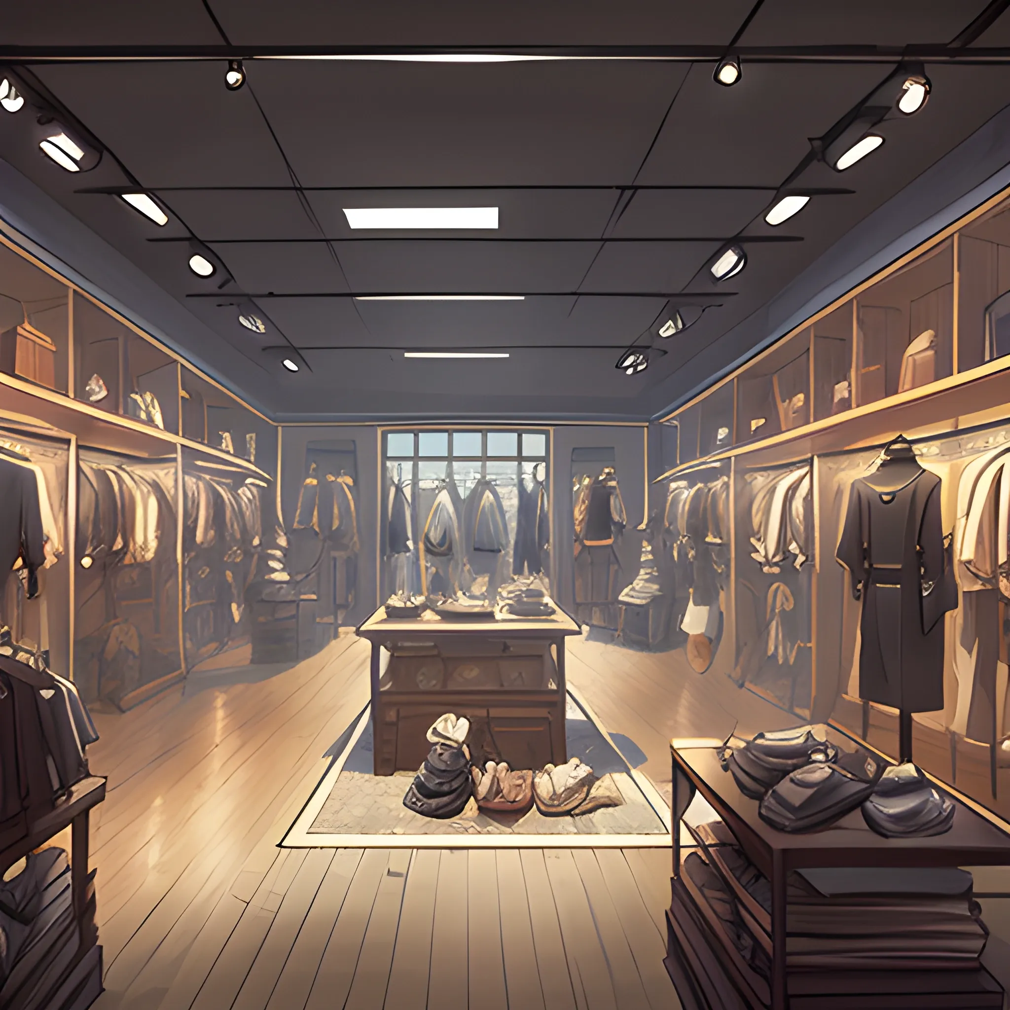 law view of a fashion store interior with items... in the style of makoto shinkai and greg rutkowski and albert bierstadt and james gurney, Cartoon