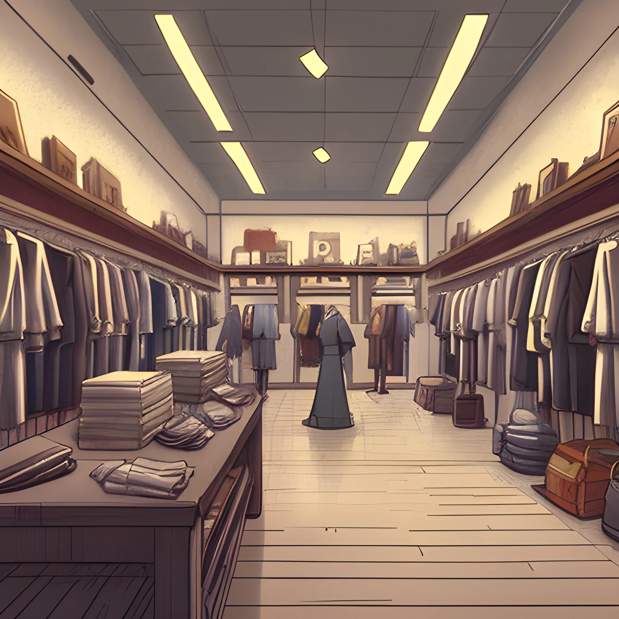 law view of a fashion store interior with items... in the style of makoto shinkai and greg rutkowski and albert bierstadt and james gurney, Cartoon