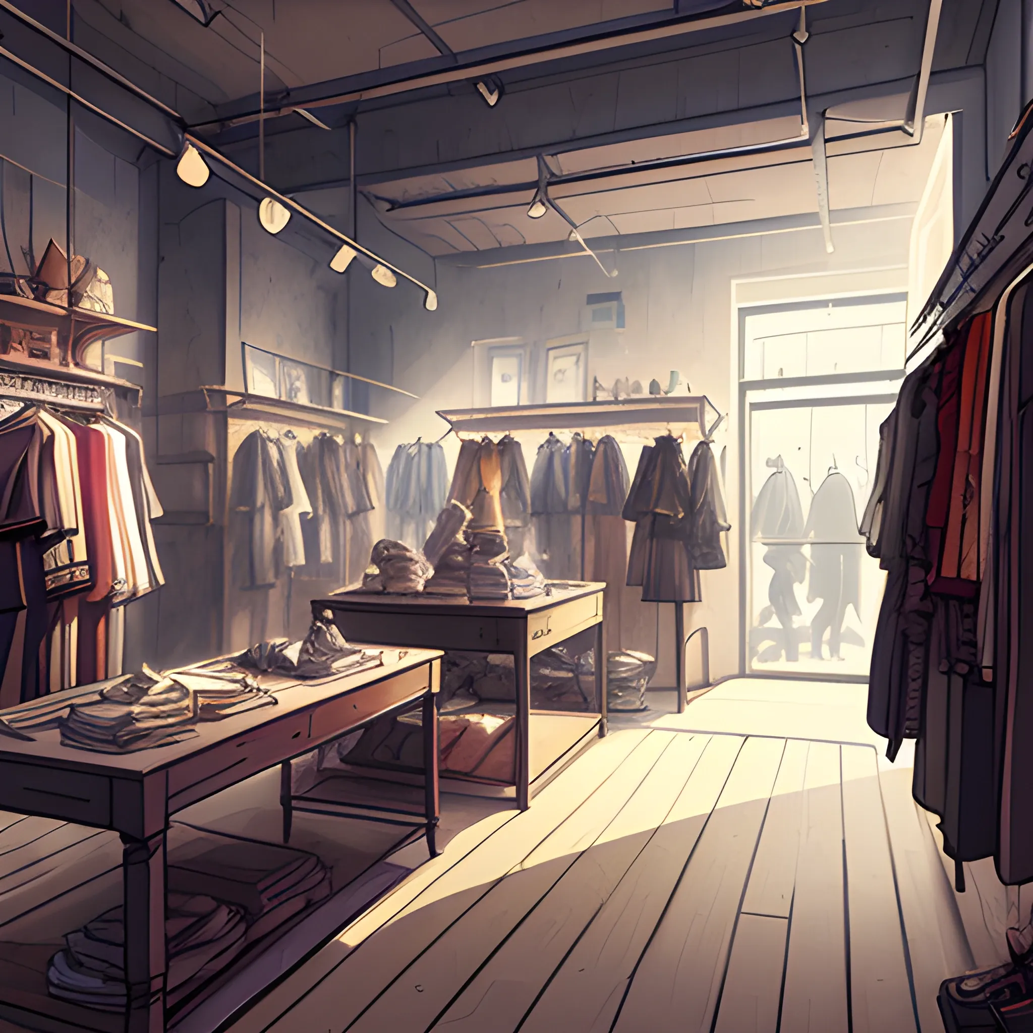 law view of a fashion store interior with items... in the style of makoto shinkai and greg rutkowski and albert bierstadt and james gurney, Cartoon