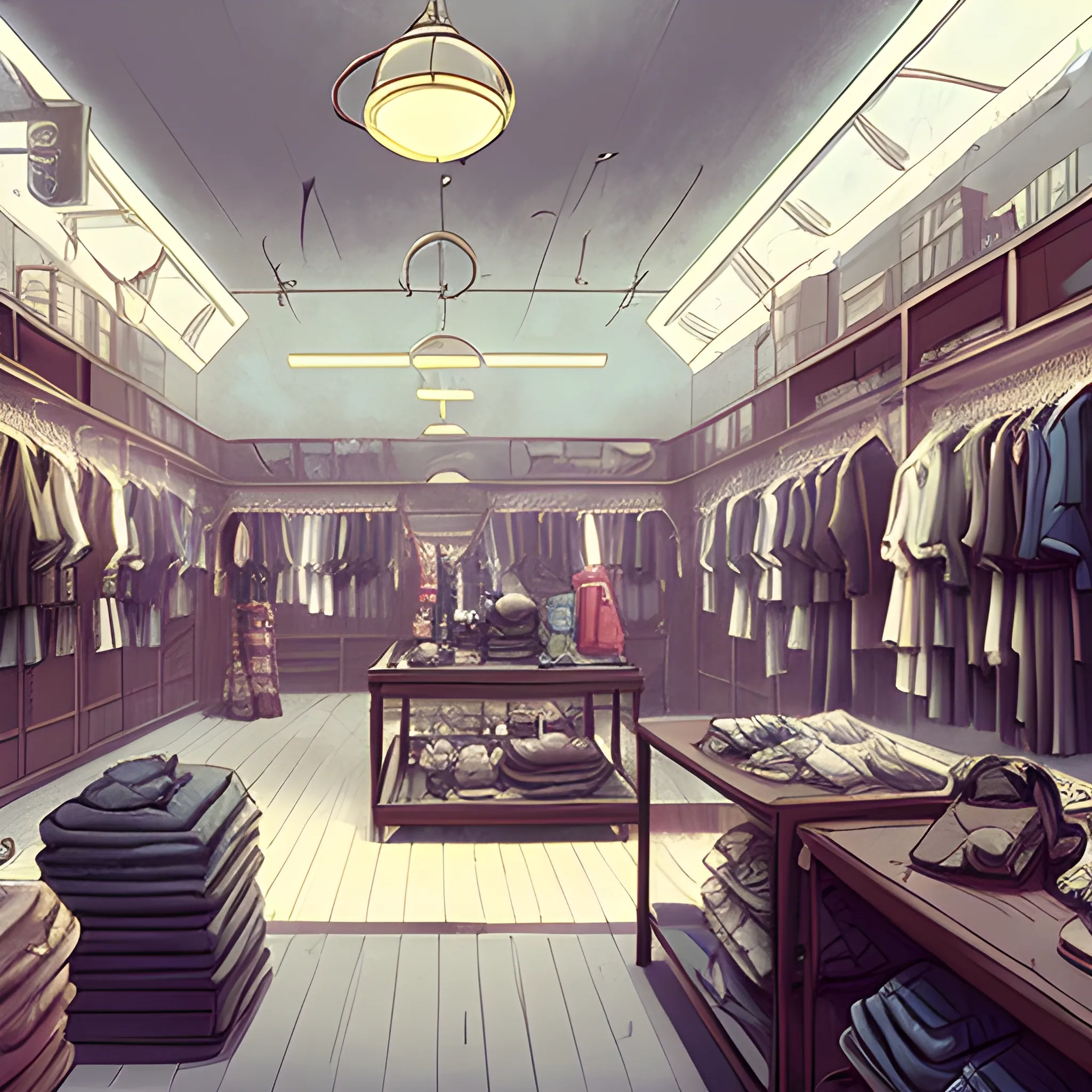 law view of a fashion store interior with items... in the style of makoto shinkai and greg rutkowski and albert bierstadt and james gurney, Cartoon